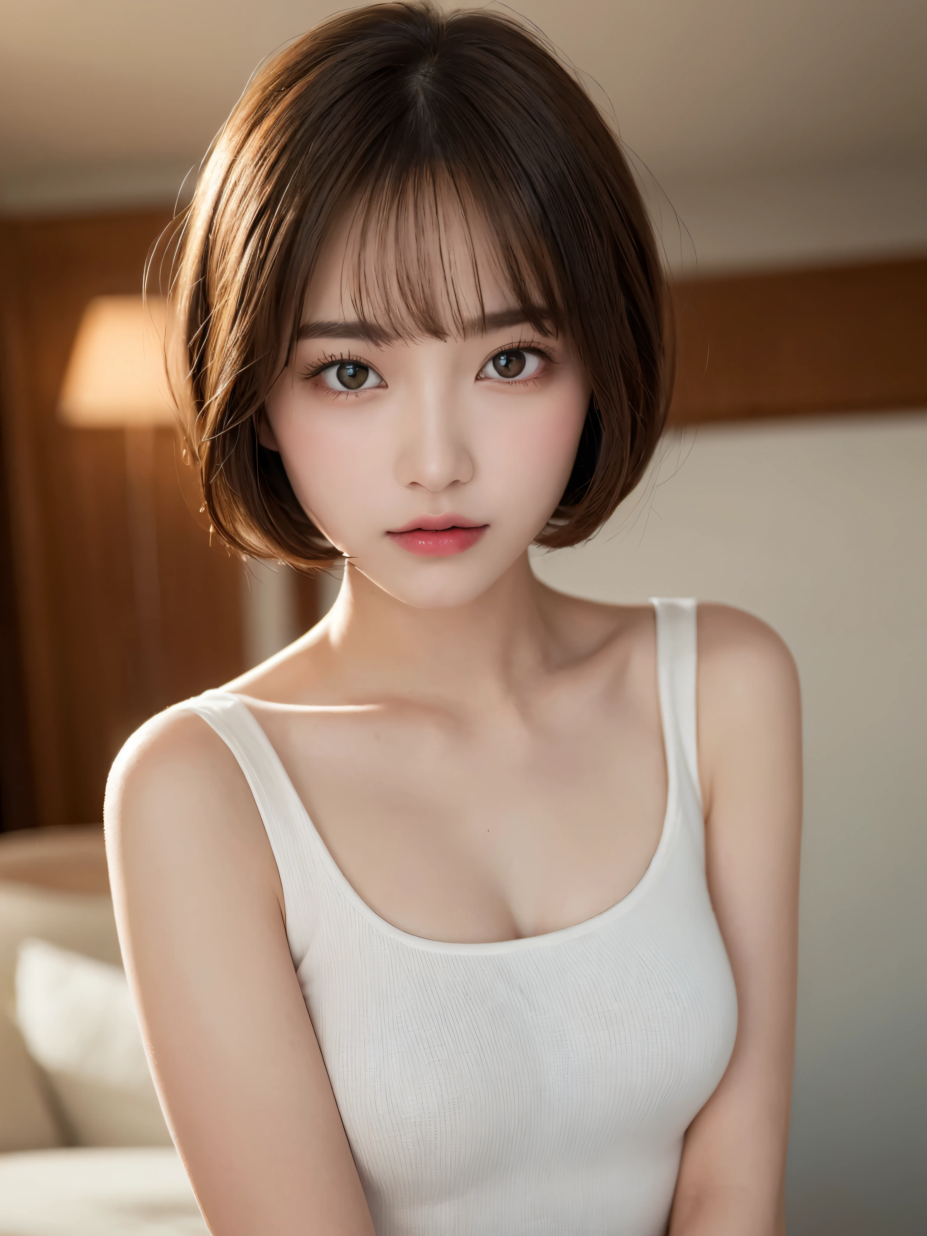 ((Best quality, 8k, Masterpiece: 1.3, raw photo)), Sharp focus: 1.2, 1 aespa girl, (realistic, photo-realistic:1.37), (face focus: 1.1), cute face, kindness, small breasts, flat chest, short messy hair, sitting, white summer casual, skirt, restaurant, bar, sunlight, cinematic lighting, from below