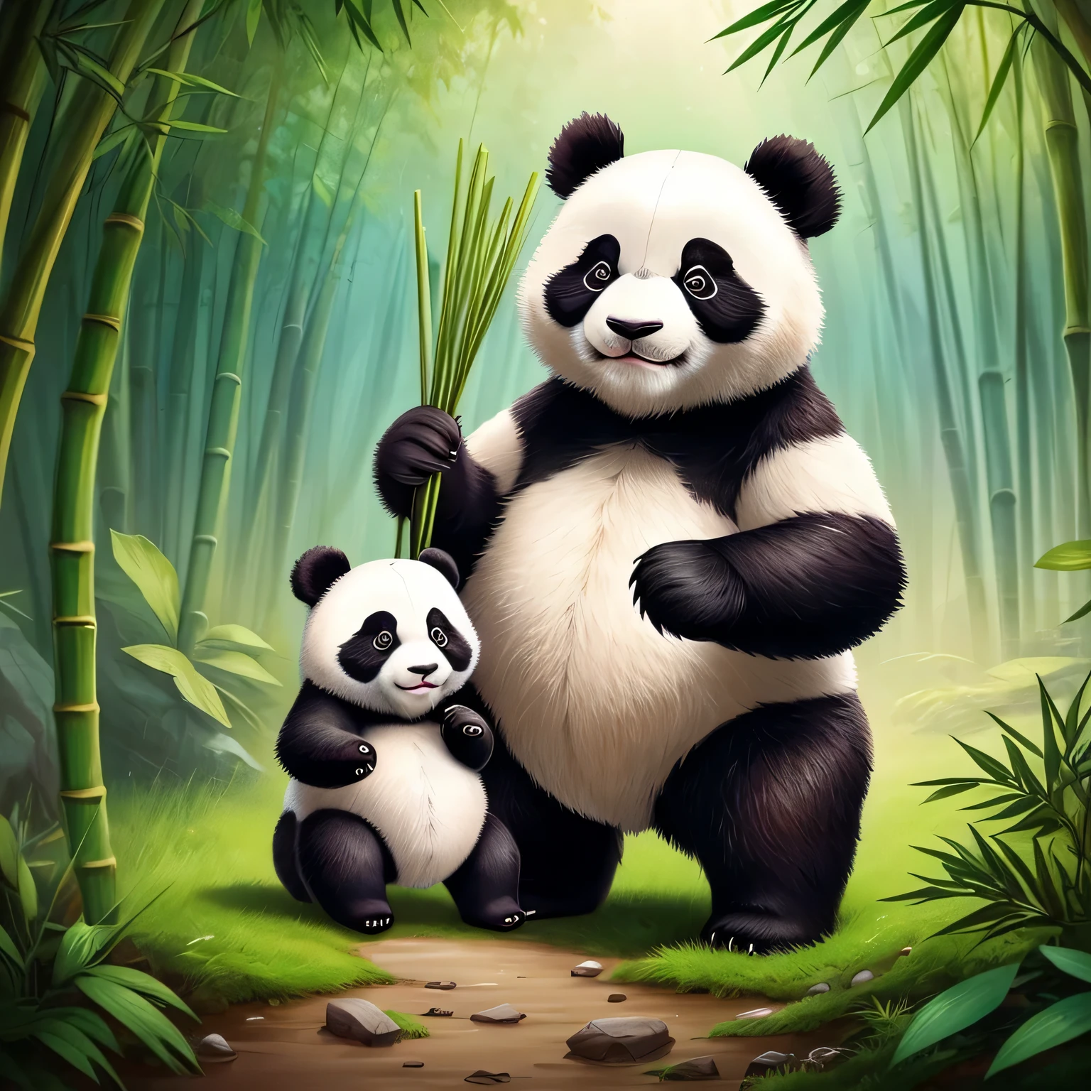 There is a panda，Wearing armor，bamboo in hand，Cut forward，Cute and detailed digital art，Cute digital painting panda，Cute digital art panda，Cute 3d rendering panda，Cute and detailed artwork panda，cute panda生物，cute panda角色，cute panda小动物，cute panda艺术品，Beautiful panda digital artwork，Fantasy panda cute eyes，cute panda森林生物，cute panda，Full body like，There are hands and feet