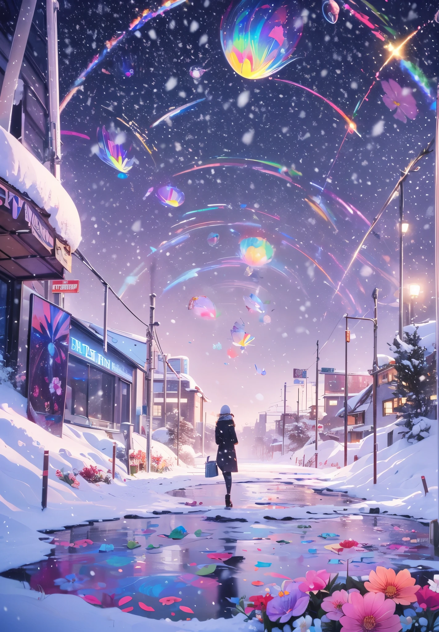 Melody Mark,top-quality、masutepiece、1womanl、独奏、(abstract  art:1.5),(Psychedelia Theme:1.6),(Gunjo World:1.5),(Lots of creatures:1.5),(Space world:1.5),(There is a beautiful woman at the center of the world),(It's snowing a lot:1.5),A ray of light spreads,A heart-shaped gem spreading from the center,Diamond Dust,(Nostalgic landscapes:1.5),(colorful flower:1.5),inside the glass maze,envelop you,With the empty fog,slip through your fingers,pure white breath,i&#39;I feel like I&#39;m being sucked into the night sky,i looked up,The falling snow began to draw a spiral,your back, tired of city life, talk about lonely times.,Fill the gap of sadness that suddenly appeared with this snow,quietly close the limit,