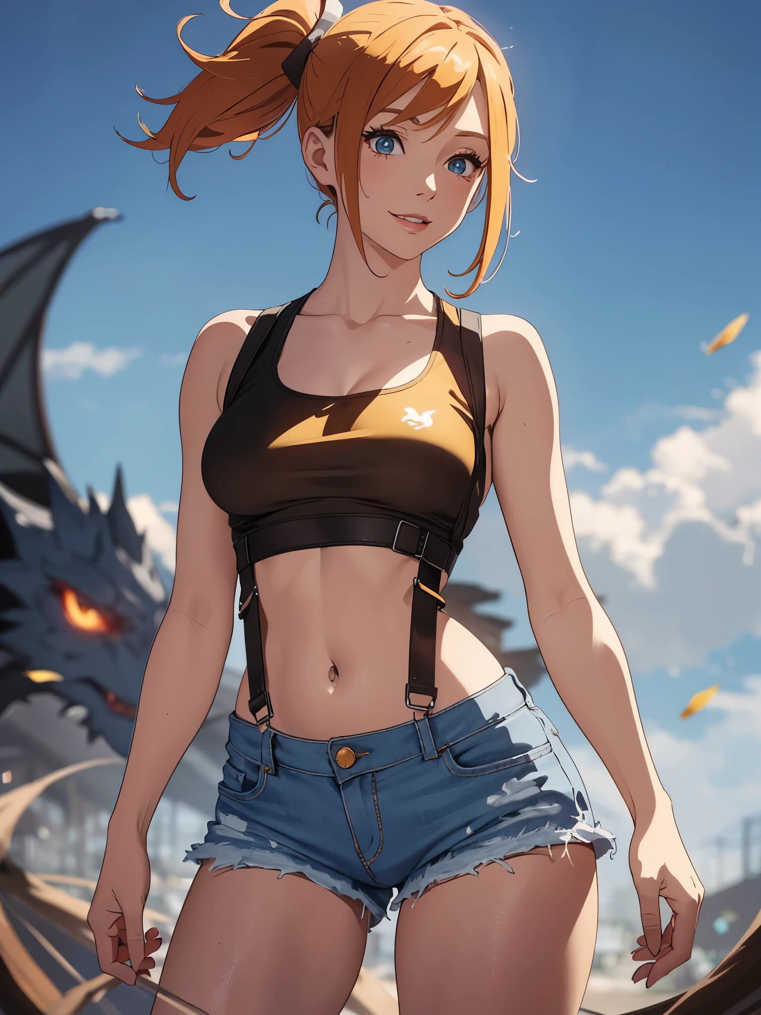 1girl, Misty from Pokémon, standing outdoors with a confident smile. Orange hair styled in a side ponytail, wearing denim shorts with suspenders, yellow crop top that shows off her midriff and navel. Yellow tank top. Cowboy shot posture exudes confidence and strength.
Misty is accompanied by a cute Dragon.
Overall, the image is a masterpiece, with high-quality details and a realistic rendering of Misty, her outfit, and her companion dragon. The colors are vivid and eye-catching, and the image is high-resolution, capturing every nuance of Misty's confident and adventurous spirit.
