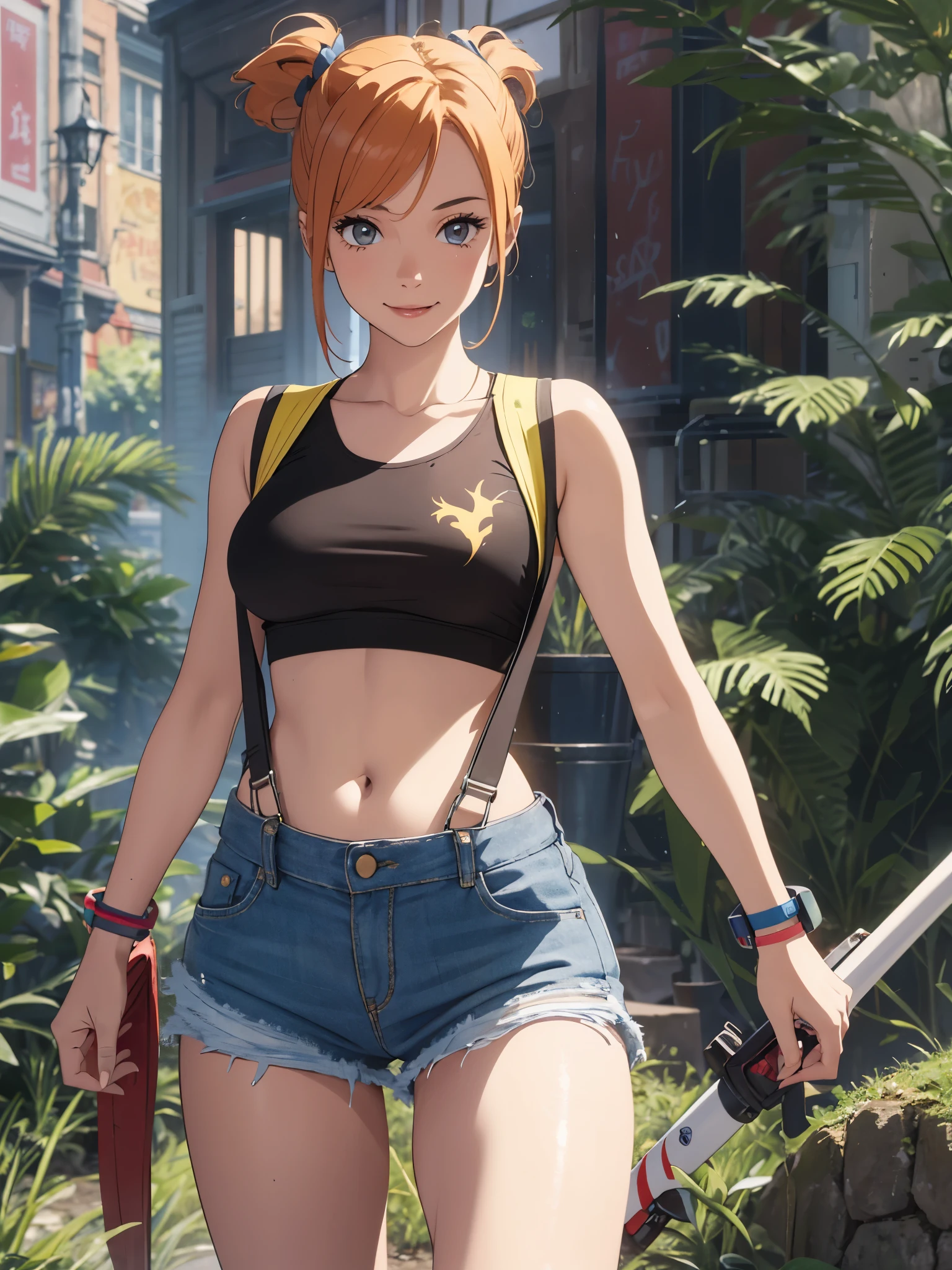 1girl, Misty from Pokémon, standing outdoors with a confident smile. Orange hair styled in a side ponytail, wearing denim shorts with suspenders, yellow crop top that shows off her midriff and navel. Yellow tank top. Cowboy shot posture exudes confidence and strength.
Misty is accompanied by a cute Dragon.
Overall, the image is a masterpiece, with high-quality details and a realistic rendering of Misty, her outfit, and her companion dragon. The colors are vivid and eye-catching, and the image is high-resolution, capturing every nuance of Misty's confident and adventurous spirit.