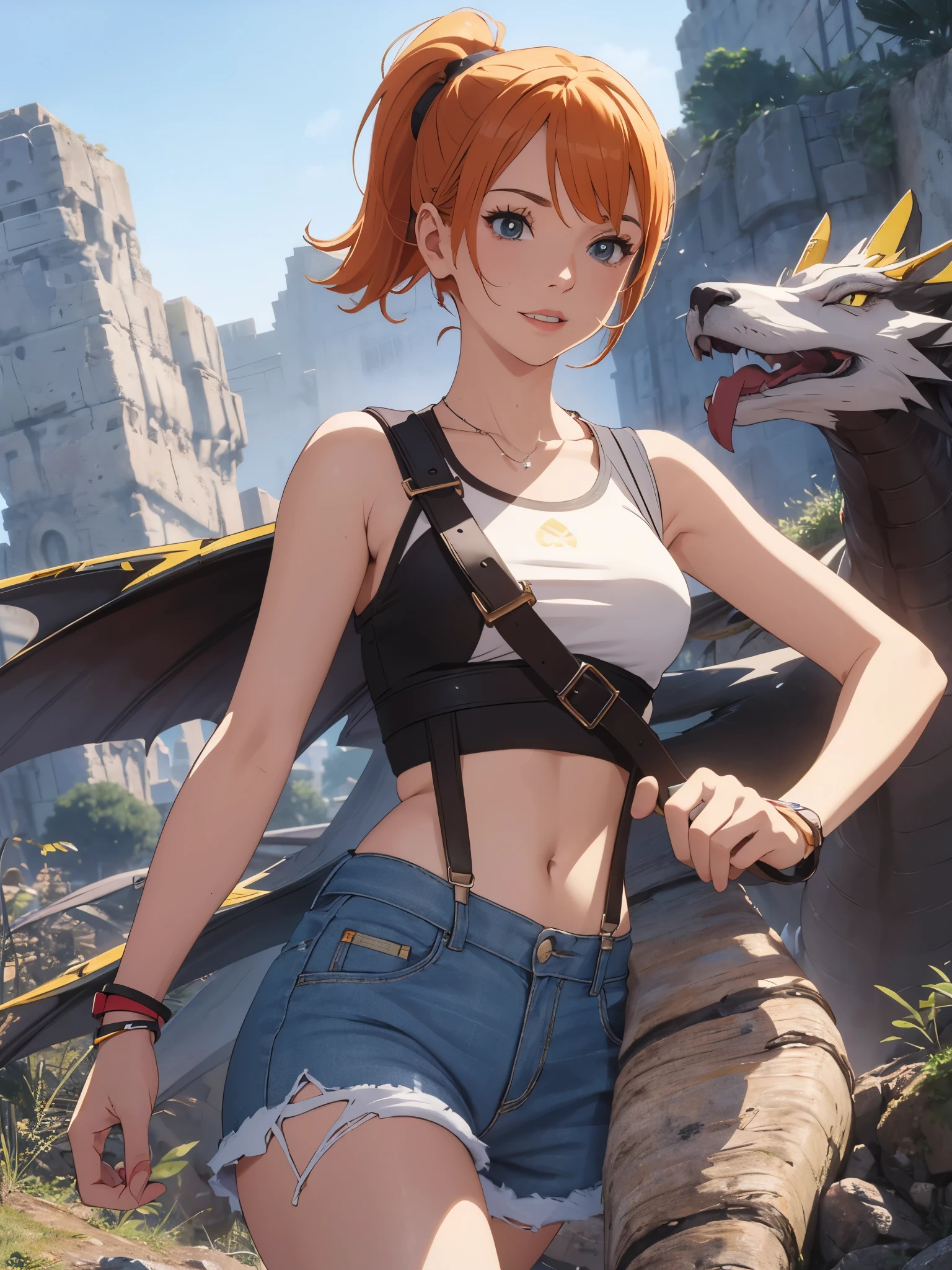 The centerpiece of the image is Misty from Pokémon, standing outdoors with a confident smile. She has orange hair styled in a side ponytail, wearing denim shorts with suspenders, yellow crop top that shows off her midriff and navel. Yellow tank top. Her short hair frames her face, while her cowboy shot posture exudes confidence and strength.
Misty is accompanied by a cute Dragon.
Overall, the image is a masterpiece, with high-quality details and a realistic rendering of Misty, her outfit, and her companion monsterfish. The colors are vivid and eye-catching, and the image is high-resolution, capturing every nuance of Misty's confident and adventurous spirit.