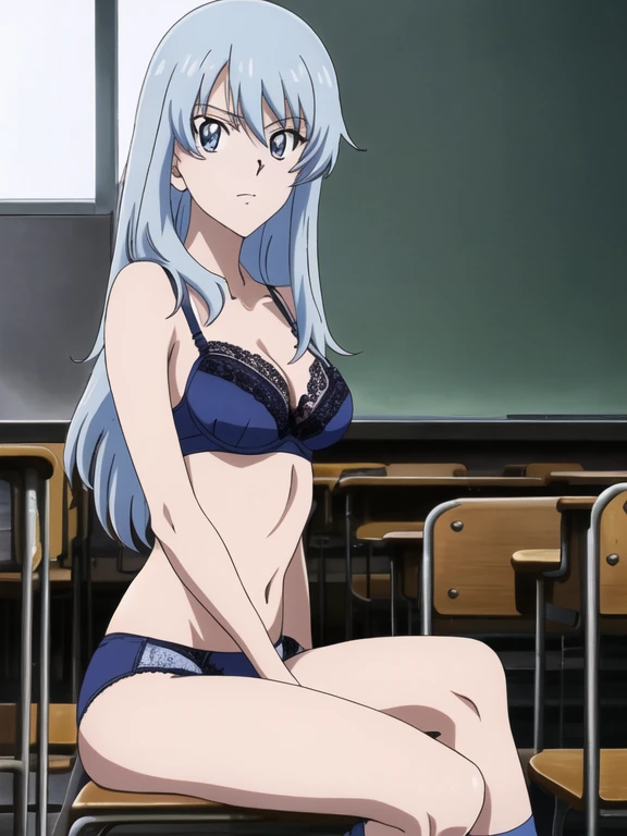 Best Quality, masutepiece, 超A high resolution, (Photorealistic: )2D official style cel anime sitting girls panzer style girl with Classroom Light blue lace bra light blue lace panties Longhaire Straight hair knee sox lowfers