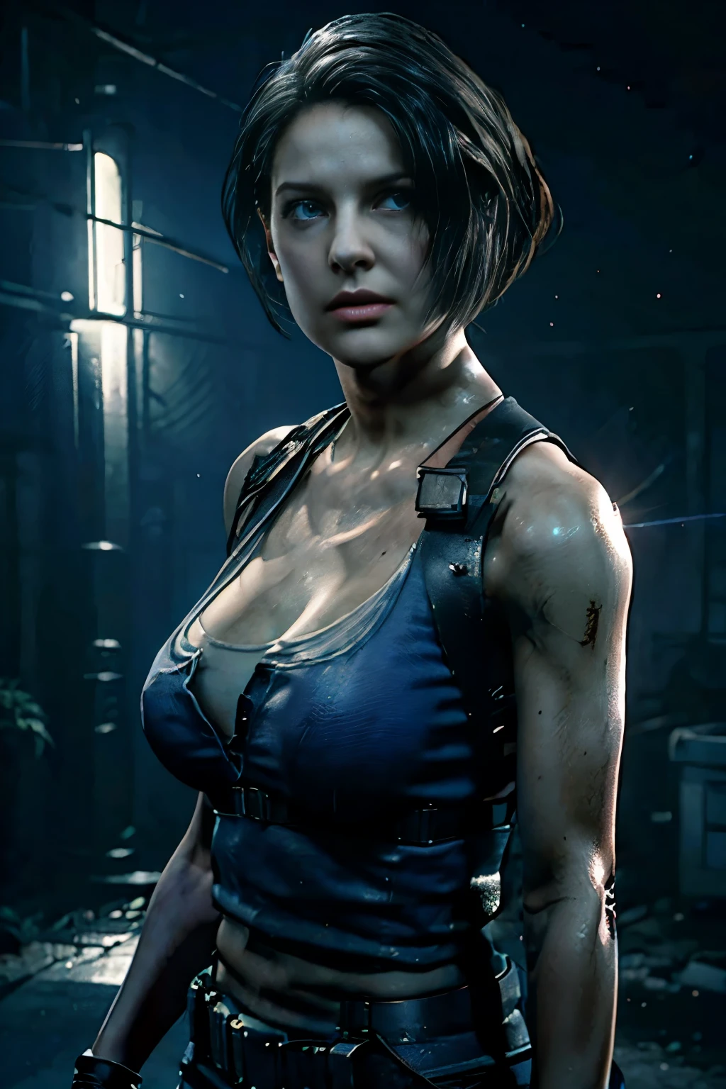 Jill Valentine, Resident Evil, big boobs, tired, cleavage, shiny skin, streetlight, white light, isolated, at night, pistol in hand, nervous, sexy
UHD, HDR, Ultra High quality details, 8k