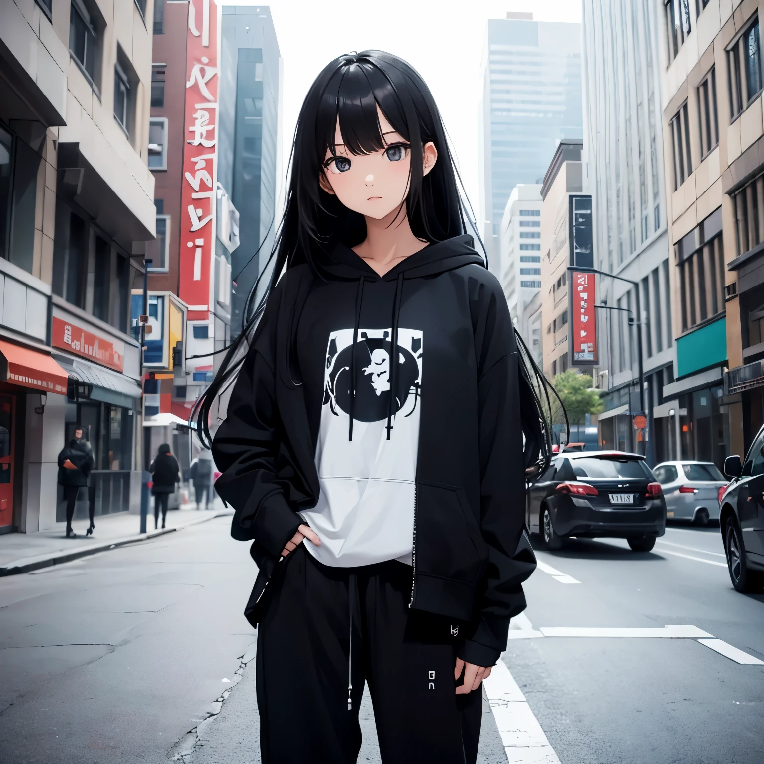 Alone girl, city, cute girl, long black hair, black hoodie, trousers, ultra sharp, tall girl, decent