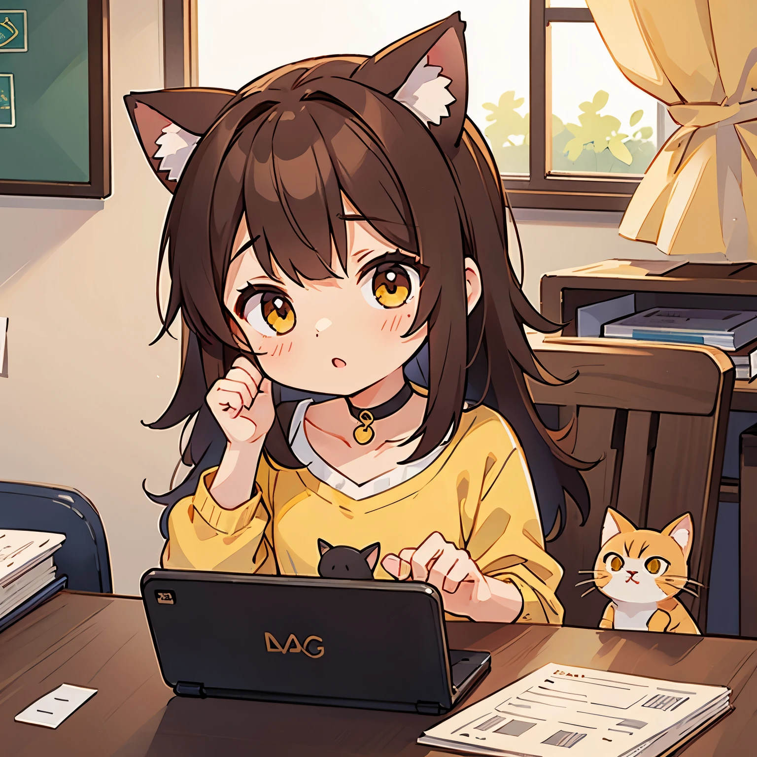 1 persons、girl with、Brown hair long、a choker、Eyes are yellow、Cat's ears、Unclear、kawaii、desk work、talk