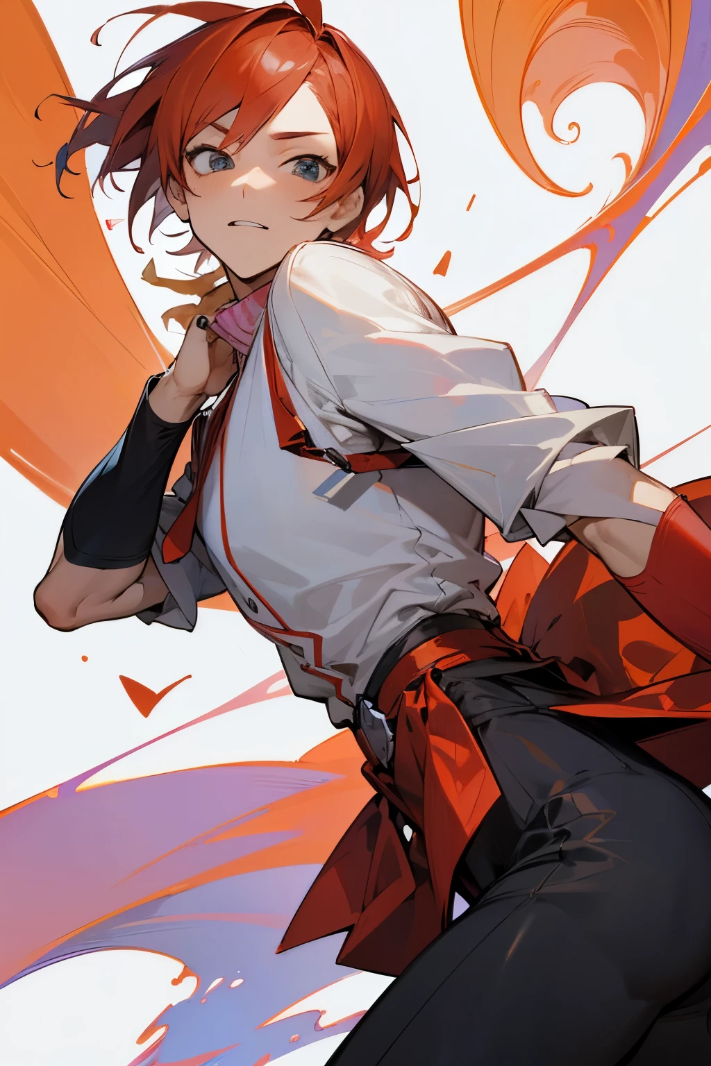(Best Quality)), ((masutepiece)), Perfect face,One Man,20代の男性,twinks,from waist up,cool,Red-haired,dynamic ungle,smart,Adults