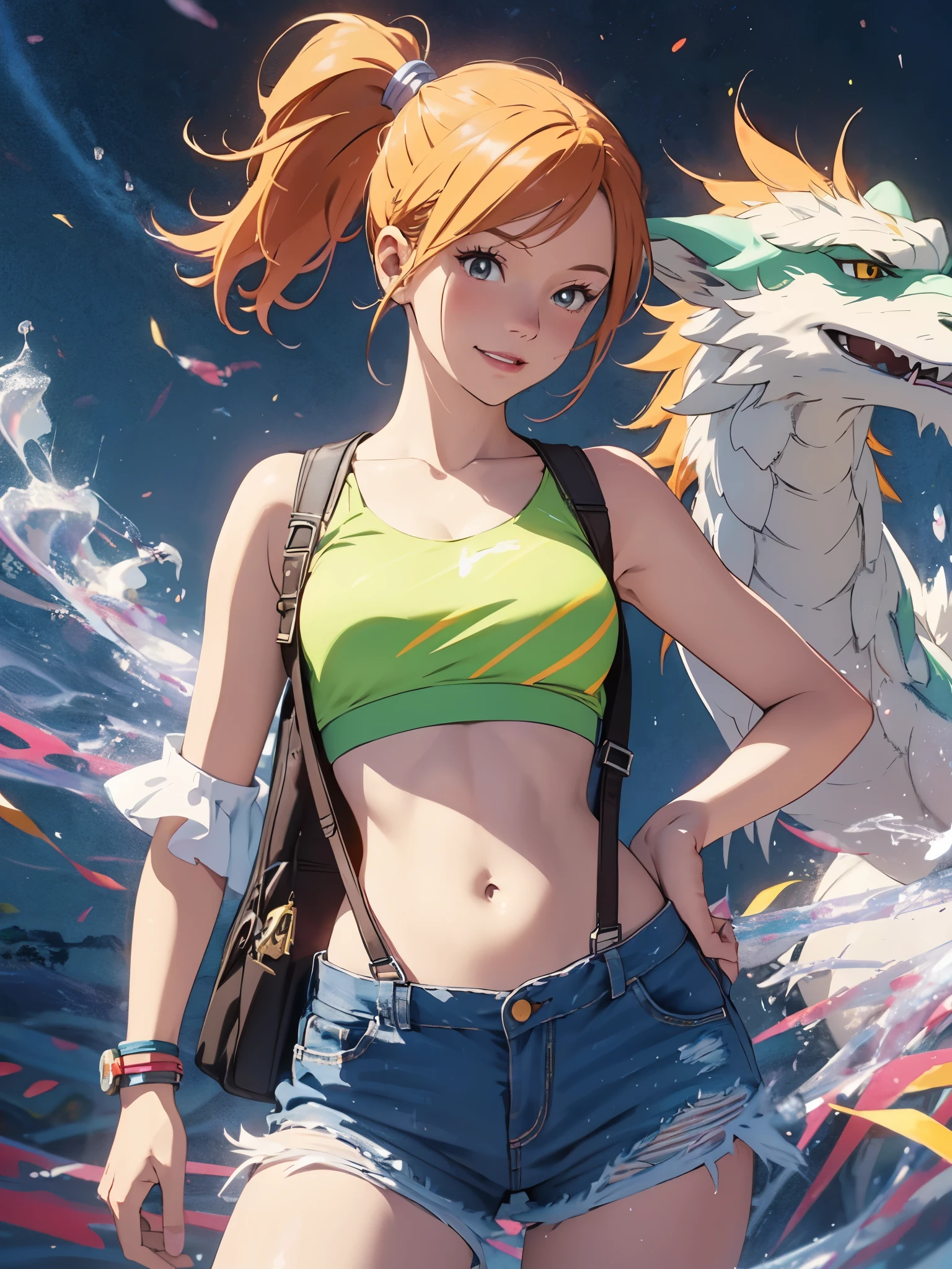 1girl, Misty from Pokémon, standing outdoors with a confident smile. Orange hair styled in a side ponytail, wearing denim shorts with suspenders, yellow crop top that shows off her midriff and navel. Yellow tank top. Cowboy shot posture exudes confidence and strength.
Misty is accompanied by a cute Dragon.
Overall, the image is a masterpiece, with high-quality details and a realistic rendering of Misty, her outfit, and her companion dragon. The colors are vivid and eye-catching, and the image is high-resolution, capturing every nuance of Misty's confident and adventurous spirit.