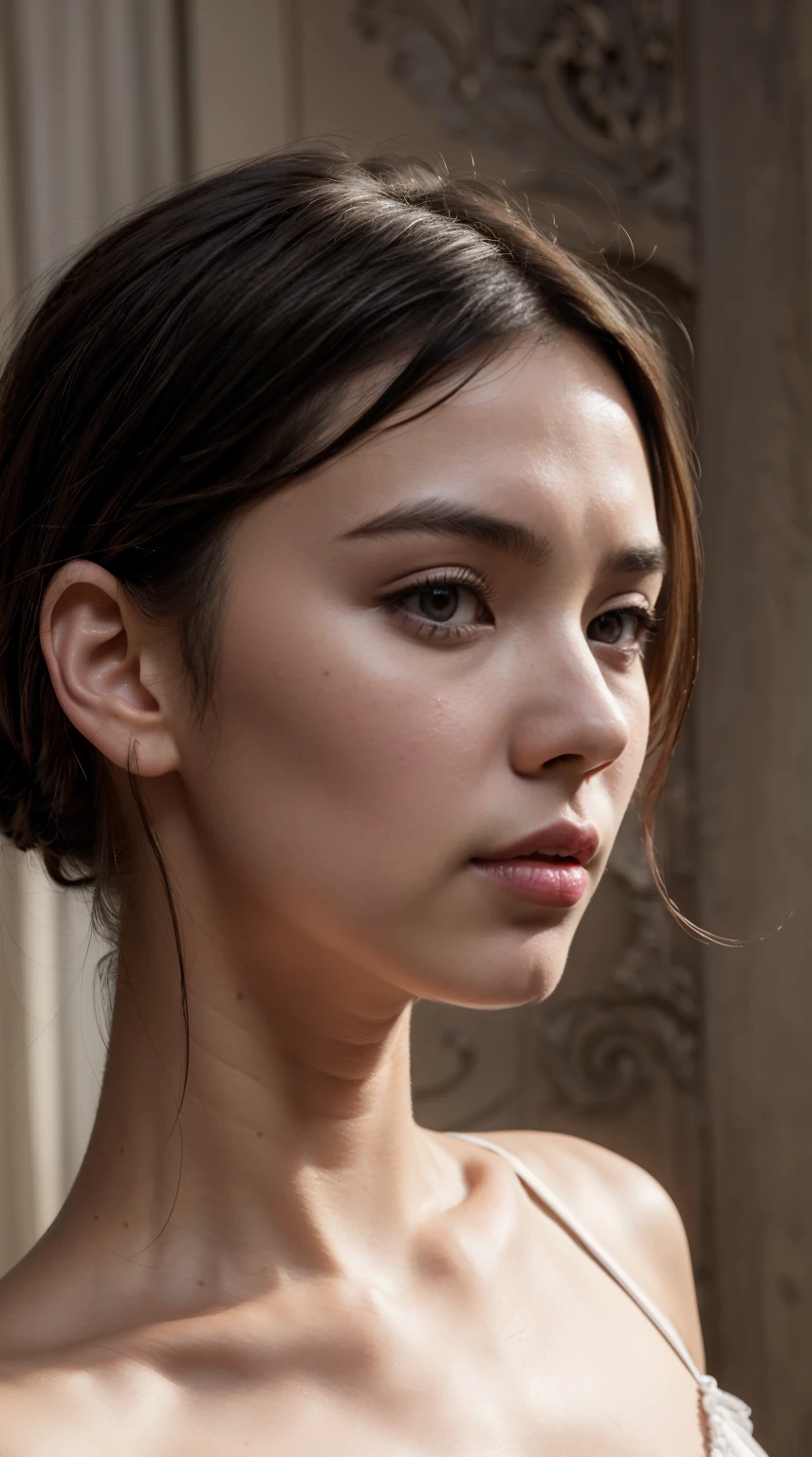 (8K, HDR, high resolucion), ((((photography, Raw foto, hyperrealism, Masterpiece, Best Quality, ultra high resolucion)))), (Pin Light, Back lighting, Back lighting, Cinematic light), Sharp focus:1. 4, (Hyper Detail, finelydetail), face close-up, close-up,, 1Girl, An egg-shaped face with cat-like eyes, small, plump lips, Straight and cute nose, Slightly reddened cheekbones, Thick eyebrows and long, pretty eyelashes.