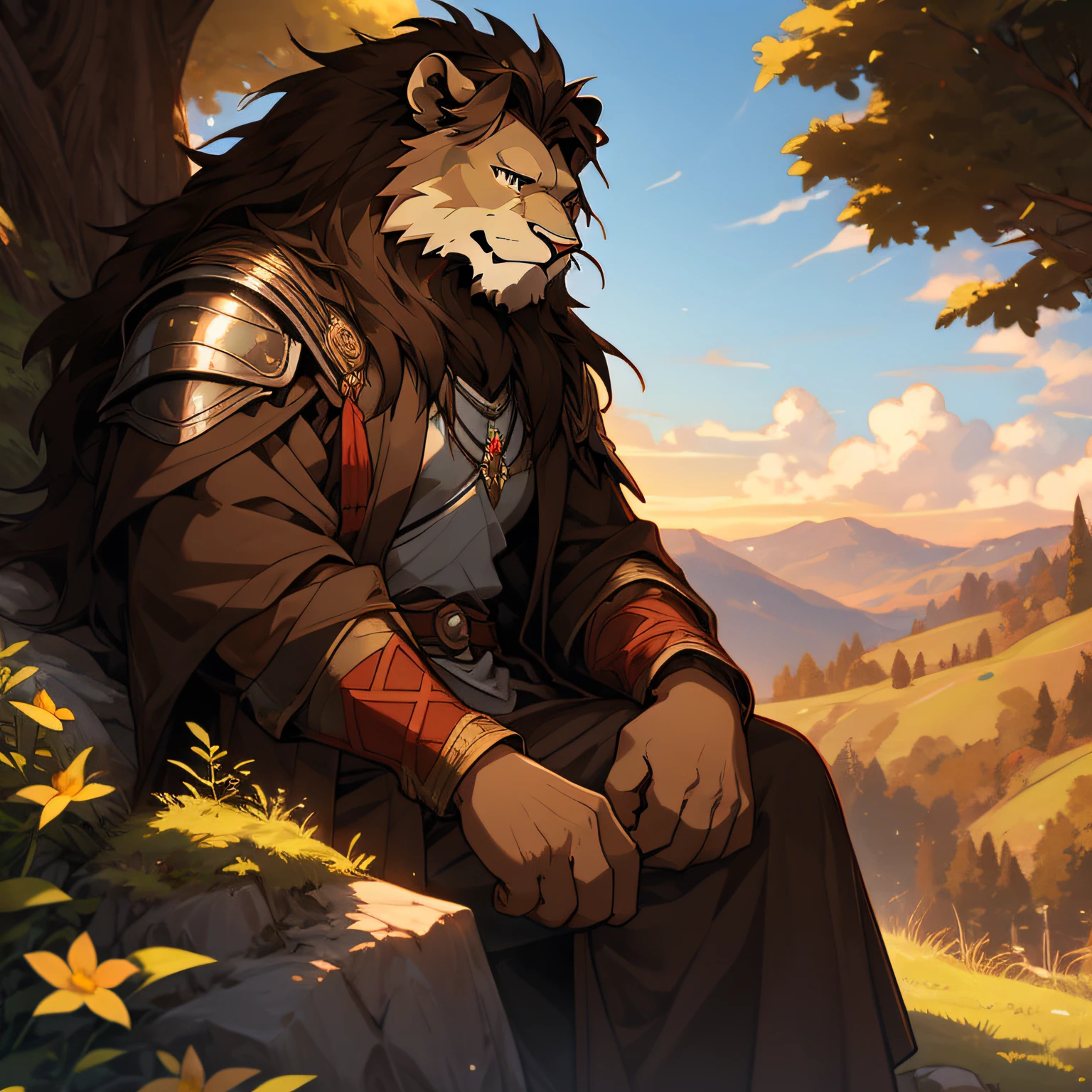 Amis, a young knight beastman lion mane dark brown light coat sitting on a rock on top of a cliff in a forest in the early morning. ele has his back to us, but your head is turned to the side so we can see your face too. ele'is smiling at the sky as the dawn breaks, revelando um pouco de sol. In the background are hills, um prado com flores, and some trees. his mother'O anel e uma espada podem ser vistos ao lado dele