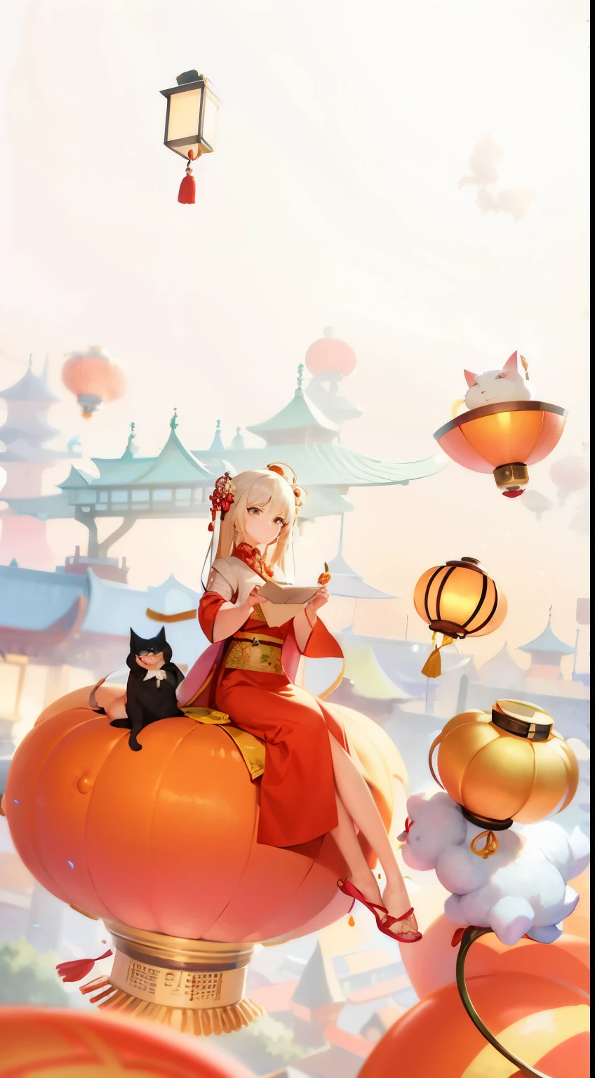 Anime style illustration of a woman and cat sitting on a lantern, A beautiful artistic illustration, A girl in Hanfu, on cloud，最好质量，happy girls