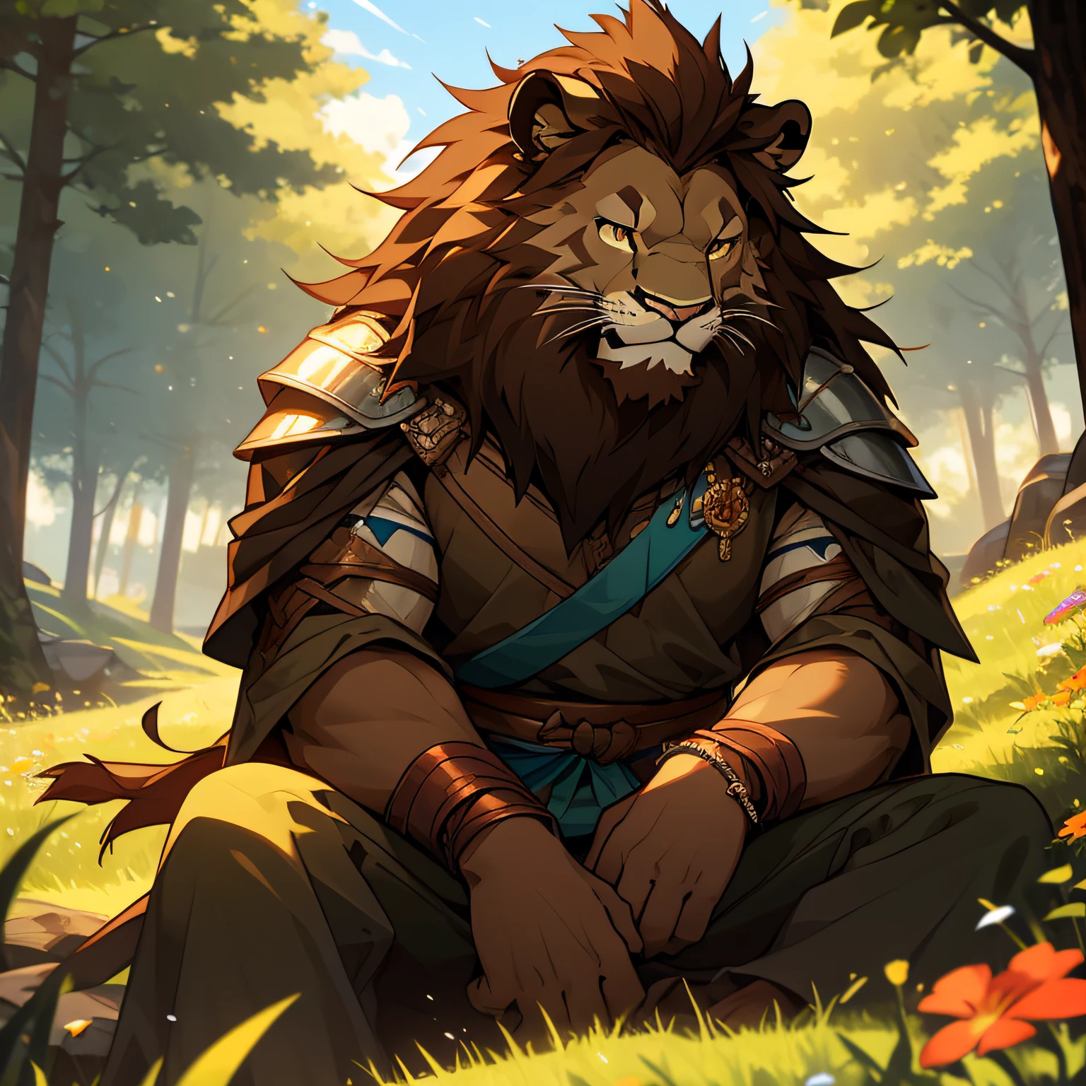 Amis, a young dark brown Maine lion beastman rider sitting on a rock on top of a cliff in a forest in the early morning. He has his back to us, but your head is turned to the side so we can see your face too. He's smiling up at the sky as the dawn breaks, revelando um pouco de sol. In the background are hills, um prado com flores, and some trees. His mother's ring and a sword can be seen next to him