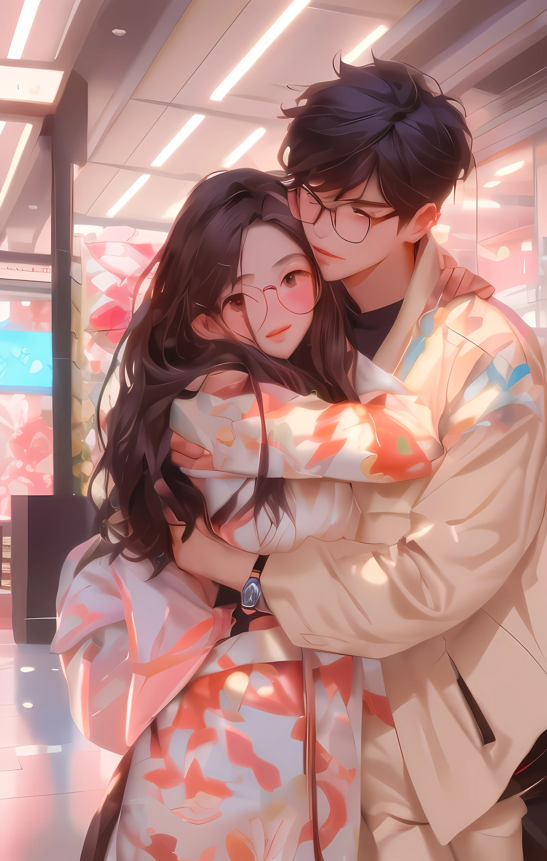 anime couple hugging in a mall with a shopping center in the background, artwork in the style of guweiz, lovely couple, couple pose, guweiz, digital anime illustration, trending on artstration, high quality fanart, guweiz and makoto shinkai, cute art style, arm around her neck, inspired by Yanjun Cheng, hugging