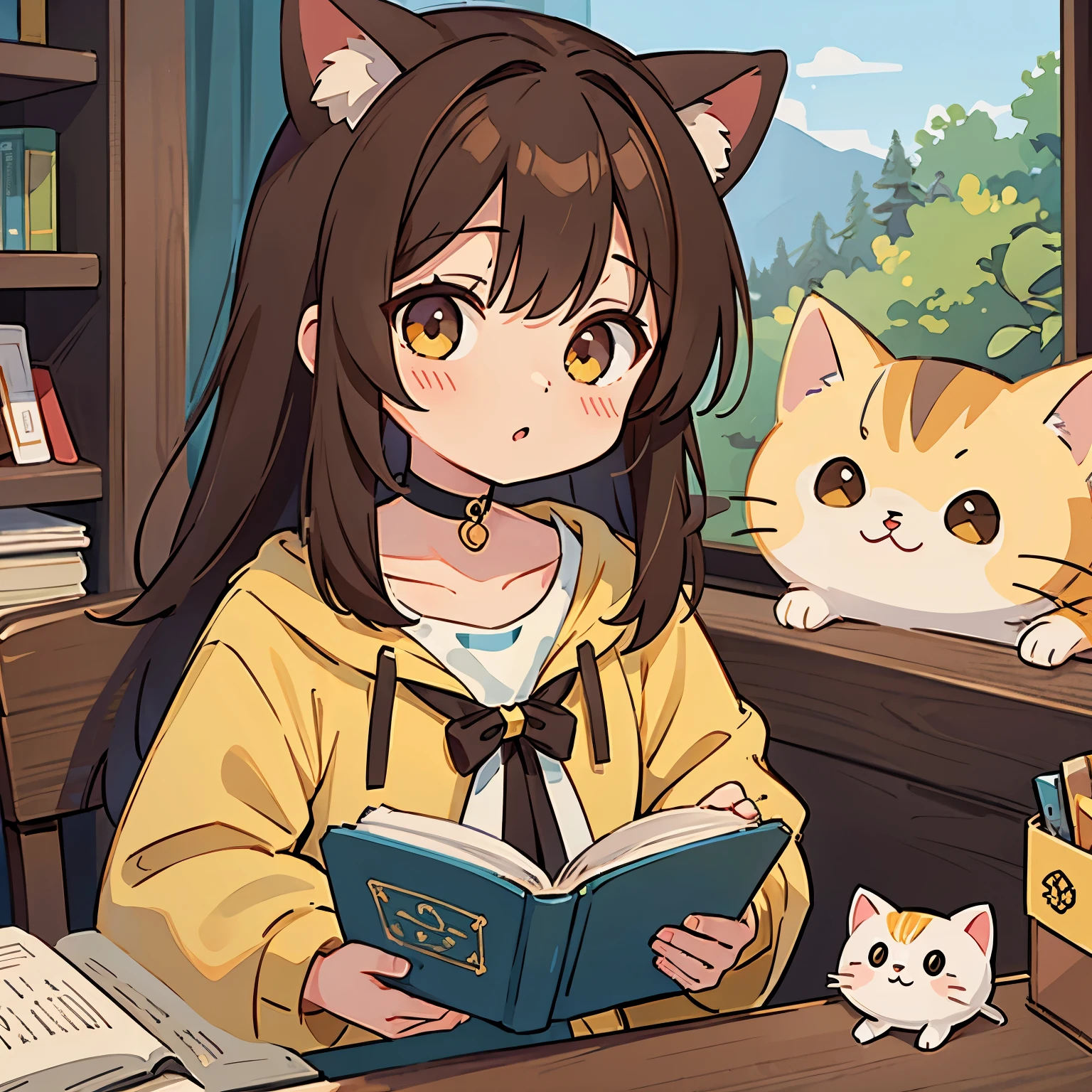 1 persons、girl with、Brown hair long、a choker、Eyes are yellow、Cat's ears、Unclear、kawaii、Reading a book