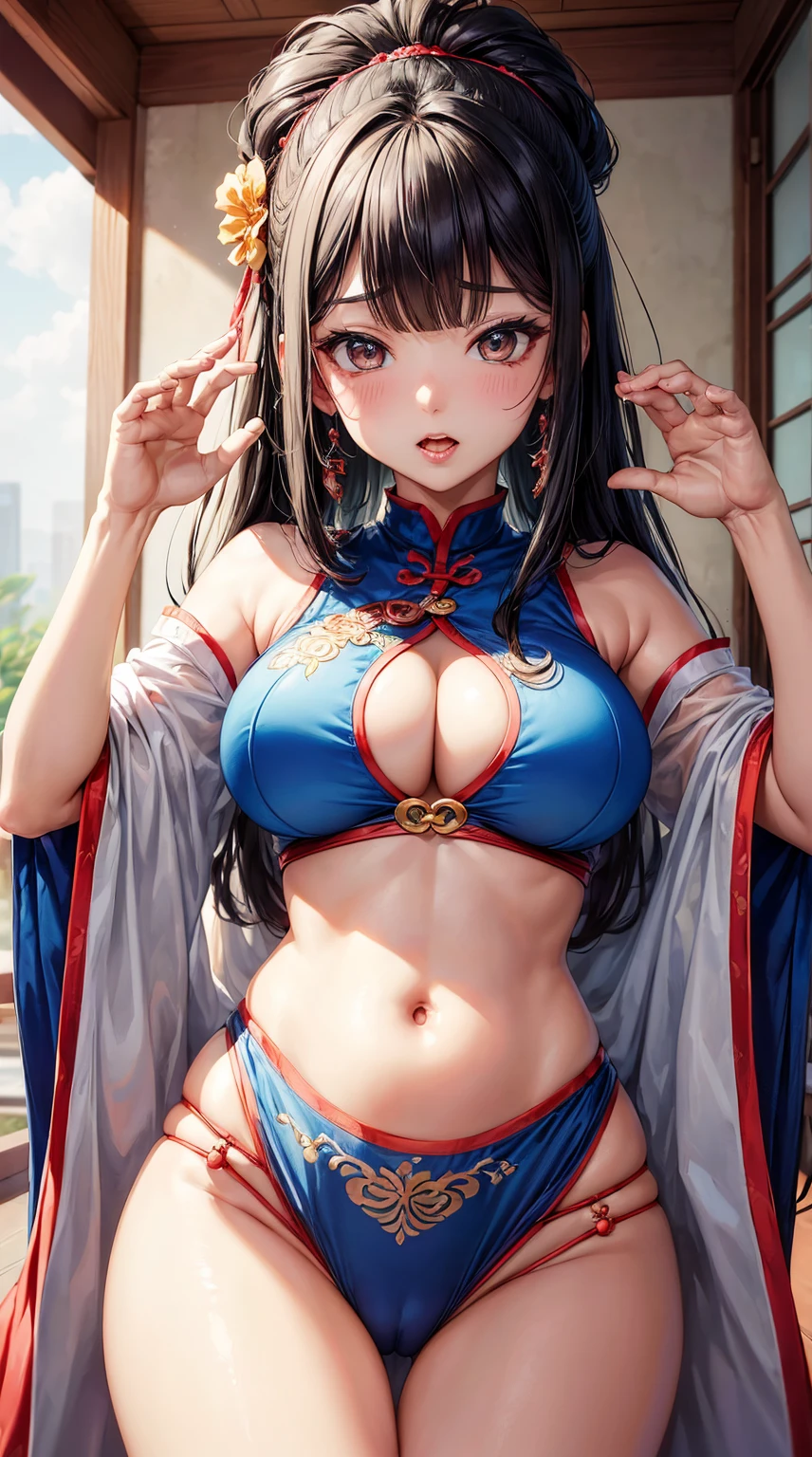 (tmasterpiece, quality, Best quality at best, offcial art, Beautiful and beautiful:1.2)Maruko hair,hair messy,revealing her belly,Cheongsam exquisite face,protruding crotch,mouth drool,super Big huge tits,Super thin waist,The details were perfect,sexyposture