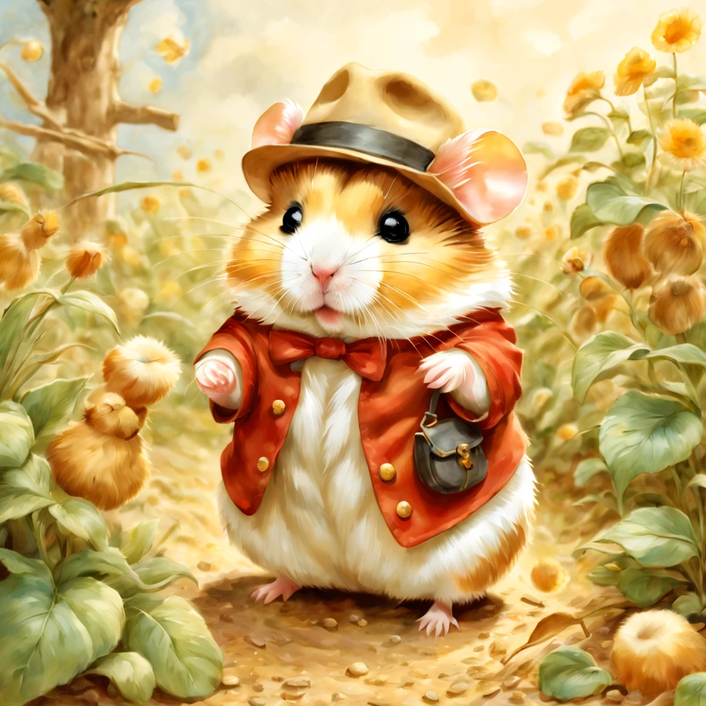 (働くhamstermer),農作業をするhamster,Background of the field,Farm Management Gadget,a straw fedora hat,Growing vegetables,crops are piled up,agriculture,fieldwork,​masterpiece,top-quality,,Chibi,cute little,,A delightful,tre anatomically correct,The cutest hamster,,hamster,,Fantasia,randolph caldecott style,illustratio,watercolor paiting