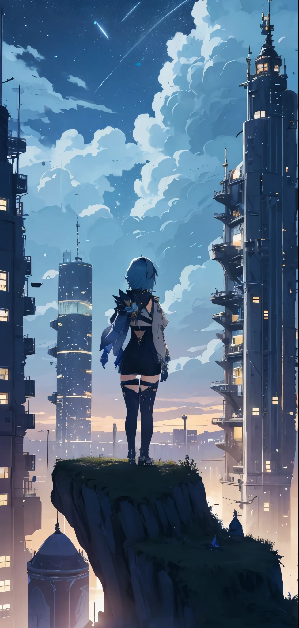 octans, sky, star (sky), scenery, starry sky, night, 1girl, night sky, solo, outdoors, building, cloud, milky way, sitting, tree, 1girl, city, silhouette, cityscape, euladef, eularnd, light blue hair, medium hair, from behind, standing on top building