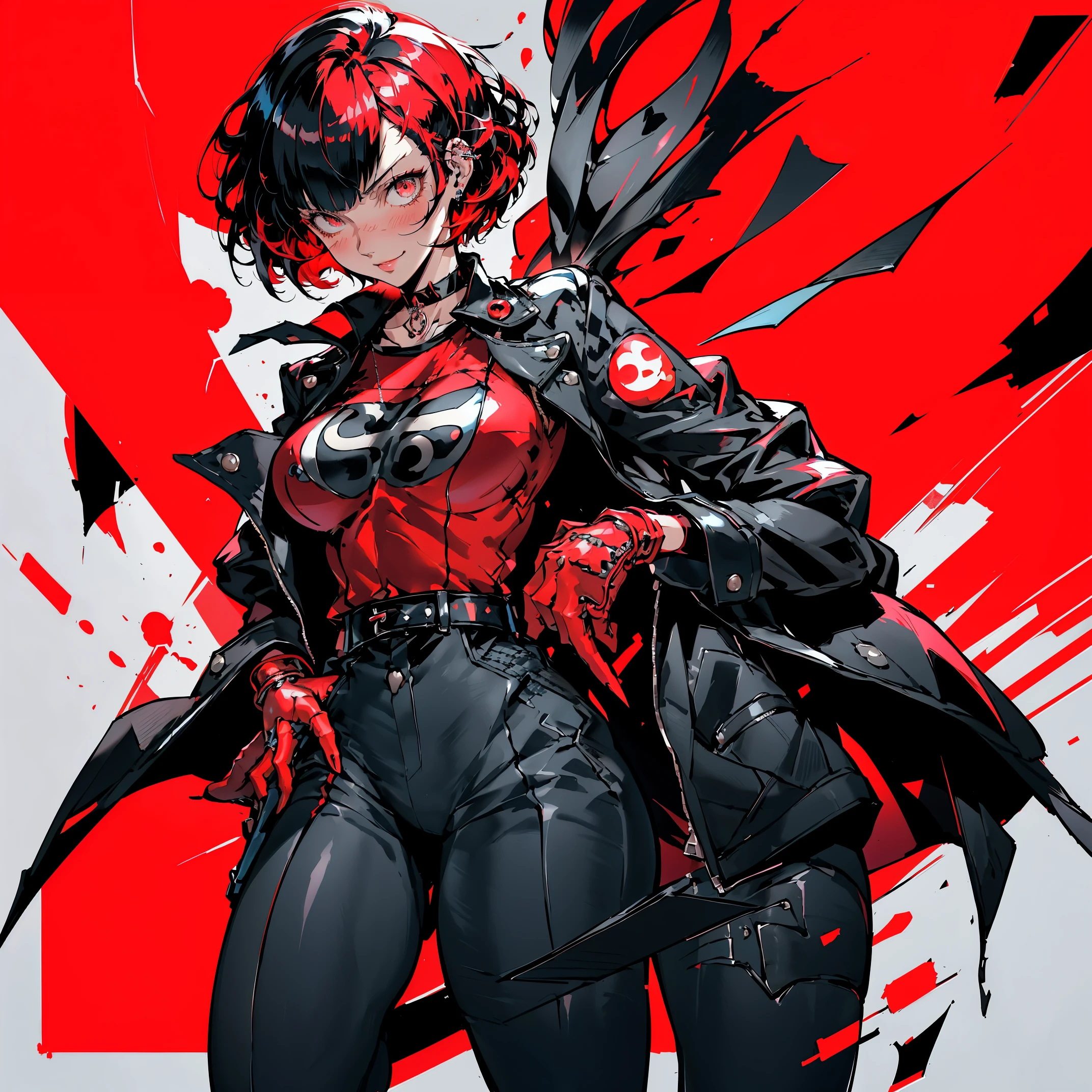 in the art style of persona 5, smal breast, delinquent, (sukeban), mature_female, blush, mature, older woman, 25 years old, Sukeban teacher outfit, (1girl, solo female, solo, solo focus)++++, choker, sukeban school teacher, sukeban school fighter, long_sleeves, open jacket, blue jacket, jean, light skin tone female, full body, jacket, biker jacket, tape, arm_support, gloves, red_gloves, bridal gauntlets, nail polish, boots, hioots, black_footwear, fighter outfit, full body, hourglass, mature face, cheeky smile, cheeky face, wrinkles, (red hair, short hair, bob cut, earrings, ear piercings), red eyeighting art, Martial arts, standing, fighting_stance, fight, fighting), extra colors, 2D, megapixel, perfectionism, accent lighting, full HD , (Masterpiece:1.2), (full-body-shot:1),(cowboy shot:1.2), (Highly detailed:1.2),(Detailed Face:1.2), Colorful, A detailed eye, (Detailed landscape:1.2), (natural lighting:1.2), ((sukeban school teacher)) by Vincent Di Fate: Aidyllery, Anamorphic Shot, rule of thirds, face by Artgerm and WLOP,