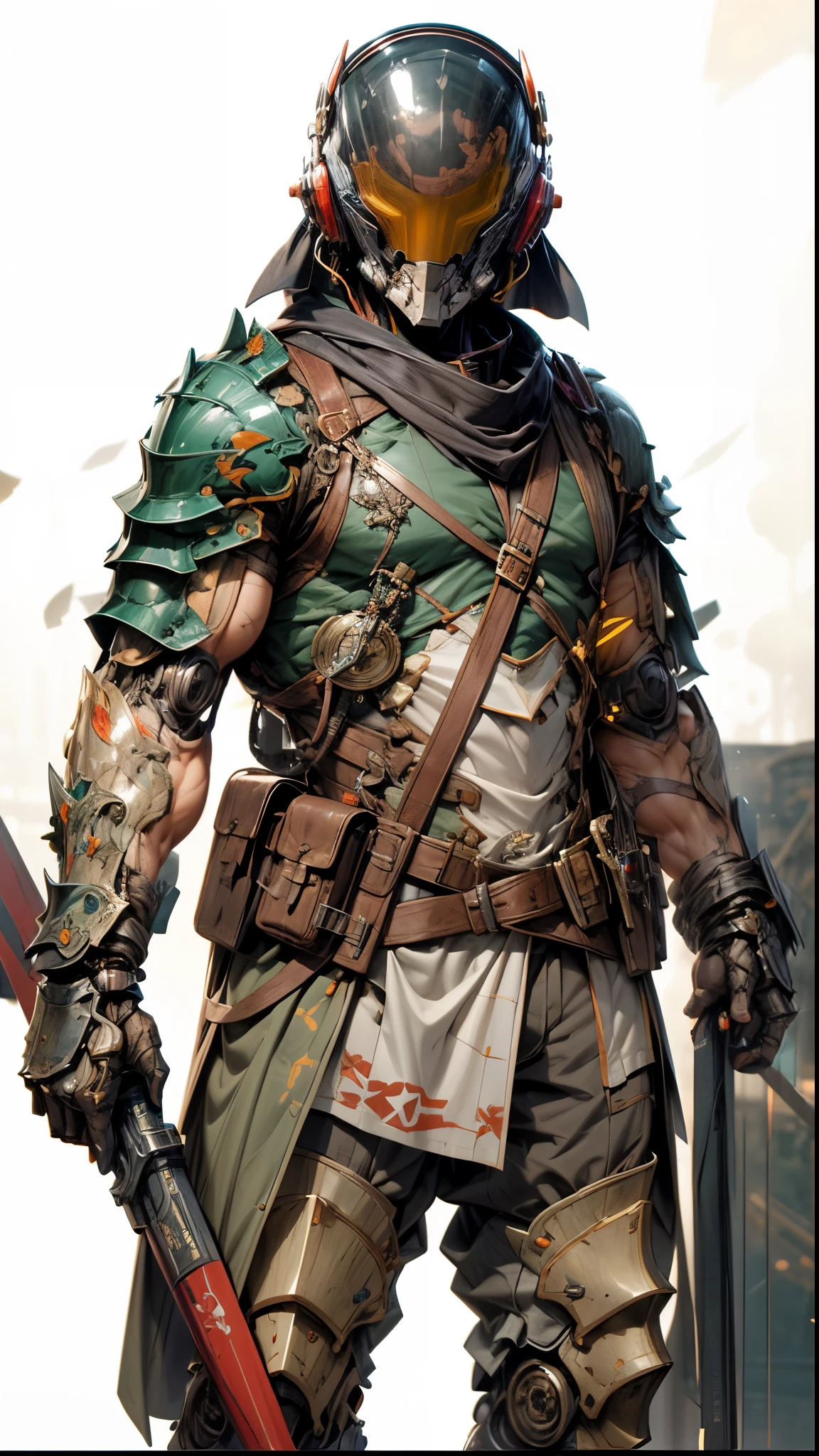 (((An epic and visually stunning digital anime masterpiece featuring a sylphlike masculine ((male:1.5)) decorated military dieselpunk cyborg soldier clad in a sleek yet tactical armored yet decorated leather military trench coat:1.2))), (((flat masculine male chest:1.5, full head covered by a mechanical mecha knight helmet with a narrow visor:1.5))), (((the character adorned in a (scifi tactical armored open front trench coat with a built in exoskeleton) (over a form fitted armor plated yet super sleek and revealing under suit with waist cut outs), the armor plating on the upper arms and shoulders beautifully engraved))):1.4. The image showcases the intricacies of the character’s armor and clothing:1.5, ((capturing their flamboyant essence and heavy mecha aesthetic:1.2)). The character also possesses an androgynous charm, (((with slim yet heavily muscled physique:1.2, sylphlike with a sleek waist, toned yet beautifully sleek cybernetic arms:1.3, mechanical arms and legs:1.3, mecha muscles:1.3))), looking at viewer, (((brass metal armor and brown leather, dieselpunk:1.3))), (((depth of field, cinematic lighting, chromatic aberration, ray tracing, UHD, masterpiece, no hair, super detail, high details, high quality, award winning, 8k, highres)))