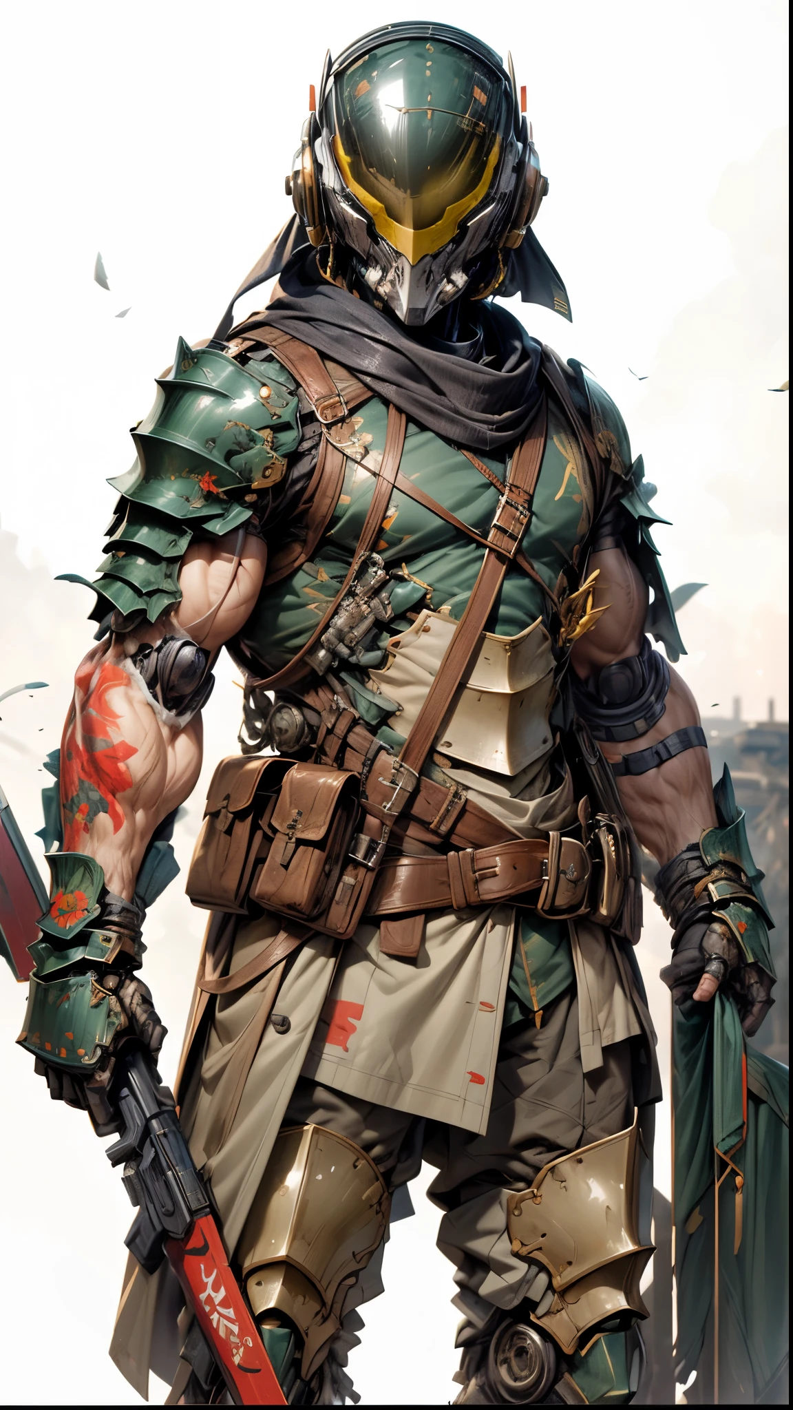 (((An epic and visually stunning digital anime masterpiece featuring a sylphlike masculine ((male:1.5)) decorated military dieselpunk cyborg soldier clad in a sleek yet tactical armored yet decorated leather military trench coat:1.2))), (((flat masculine male chest:1.5, full head covered by a mechanical mecha knight helmet with a narrow visor:1.5))), (((the character adorned in a (scifi tactical armored open front trench coat with a built in exoskeleton) (over a form fitted armor plated yet super sleek and revealing under suit with waist cut outs), the armor plating on the upper arms and shoulders beautifully engraved))):1.4. The image showcases the intricacies of the character’s armor and clothing:1.5, ((capturing their flamboyant essence and heavy mecha aesthetic:1.2)). The character also possesses an androgynous charm, (((with slim yet heavily muscled physique:1.2, sylphlike with a sleek waist, toned yet beautifully sleek cybernetic arms:1.3, mechanical arms and legs:1.3, mecha muscles:1.3))), looking at viewer, (((brass metal armor and brown leather, dieselpunk:1.3))), (((depth of field, cinematic lighting, chromatic aberration, ray tracing, UHD, masterpiece, no hair, super detail, high details, high quality, award winning, 8k, highres)))