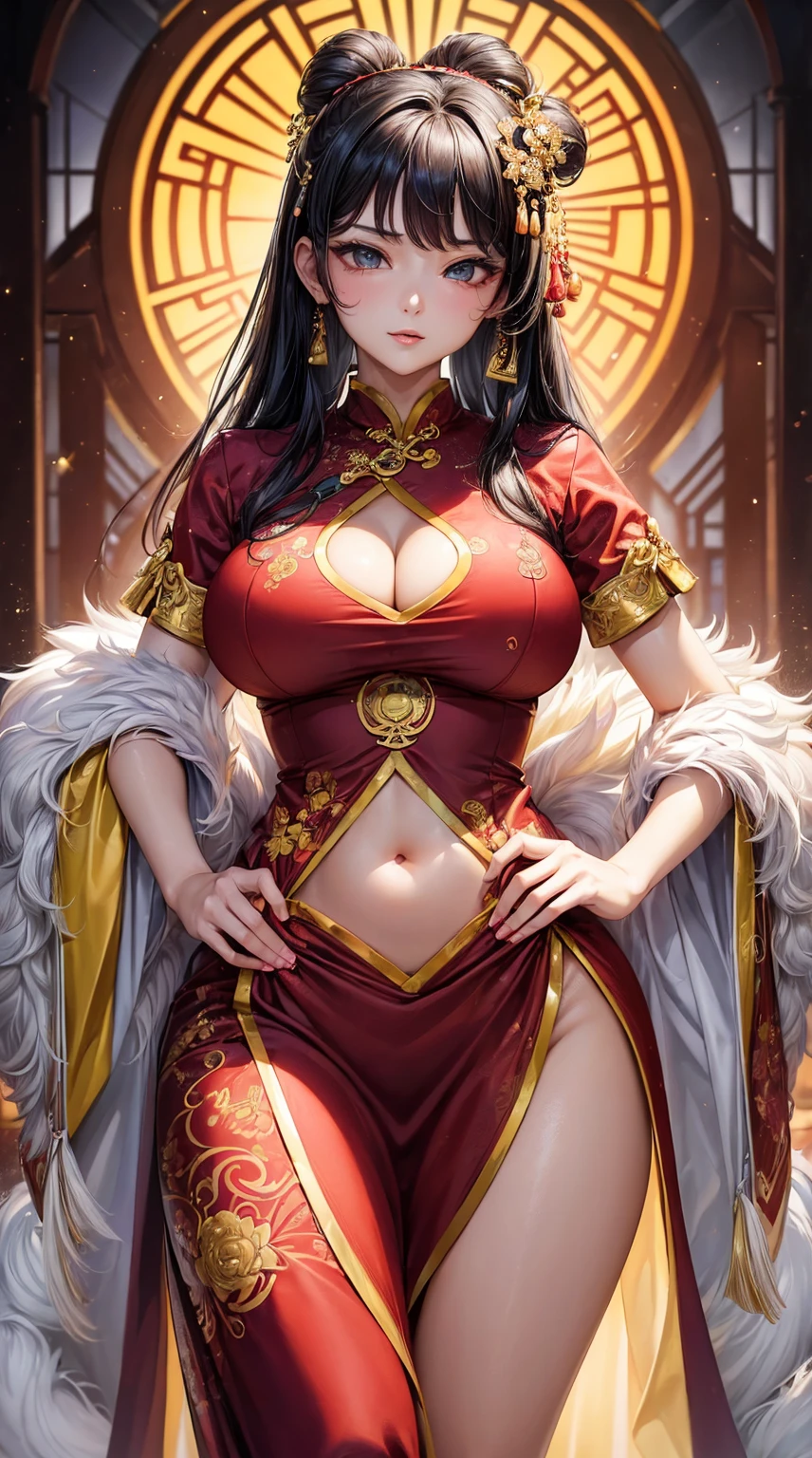 (tmasterpiece, quality, Best quality at best, offcial art, Beautiful and beautiful:1.2)Meatballs on both sides，hair messy，revealing her belly，Cheongsam exquisite face，highlight thighouth drool，super Big huge tits，Super thin waist，The details were perfect，sexyposture