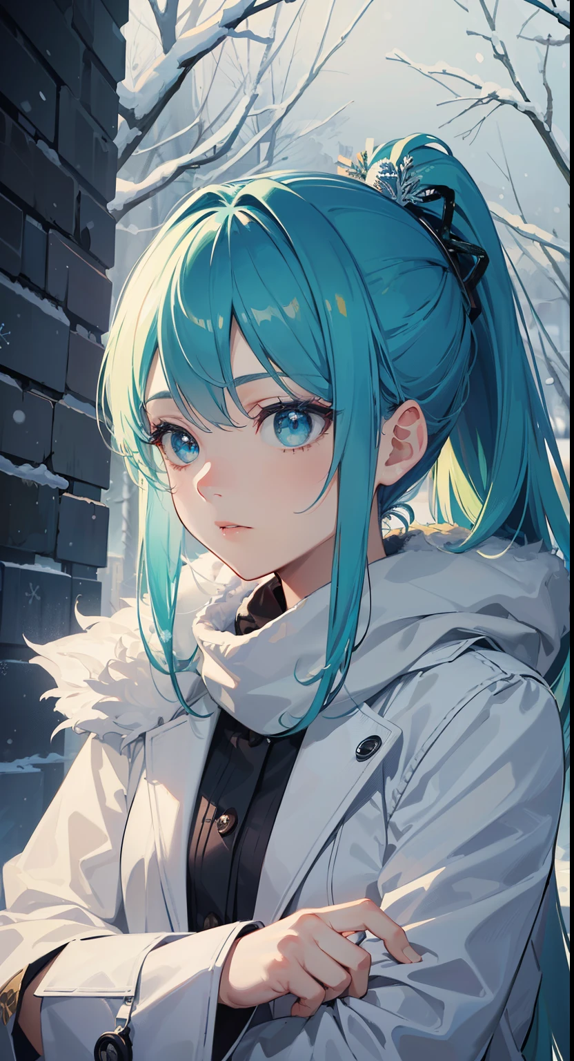 (masterpiece:1.3), (best quality:1.3), (better quality:1.3) (finely detailed beauiful eyes:1.2), (cinematic background:1.3), (incredibly absurdres), (cinematic lighting:1.3), (extremely detailed CG art), (2.5D) (wallpapers), glowing eyes, lustrous skin, white skin, solo, 1girl, (extremely delicate), (sharp face), (extremely detailed), (detailed clothes), (upper body), (looking to the side), (from side:0.8), (depth of fields), (perfect shadow:1.3), (extremely detailed background), (extremely detailed furniture), (low temperature color), (extremely detailed background), (aesthetic:1.3), (winter:1.7), (shiny hair:1.1), (winter vibes), (outdoor), (winter), (calm vibelue moody), (better detailed eyes:1.2), (expressionless), (eyeshadow), (high contras:1.3), (multicolored), (cool temperature lighting), (blue theme), (amazing color), (rich color), (), (), (blue theme lightning), (ambient occlusion), (multicolored eyes), hatsune miku, teal green hair, bangs, long bangs, long hair, ponytail, (red eyes), (color gradation), winter clothes, (cute), (), sitting_down