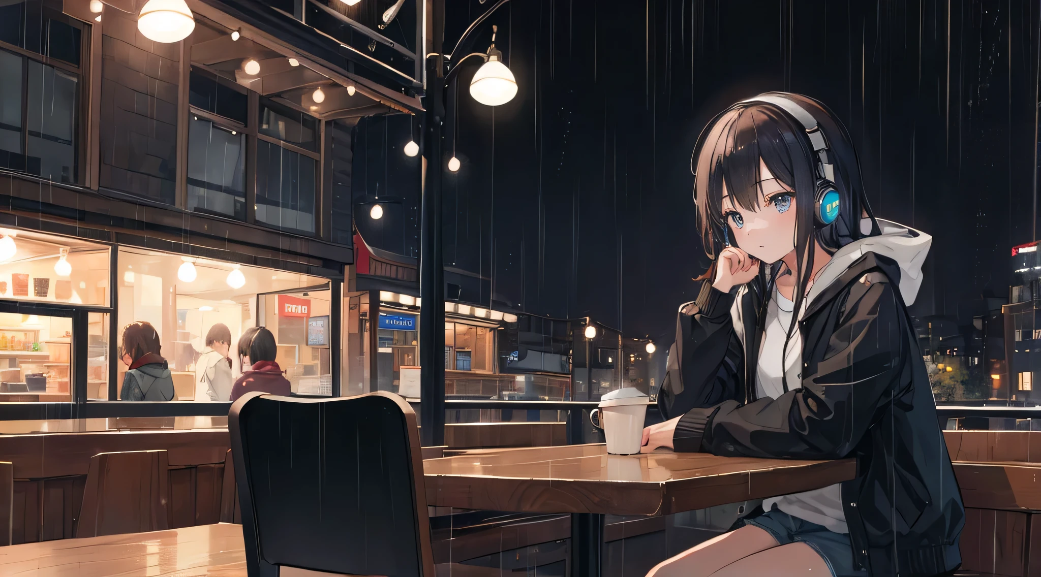 a girl studying in a cafe with headphones on night rain day, calm, chill, rainny day, warm, night, quiet, high res, ultrasharp, 8k, masterpiece