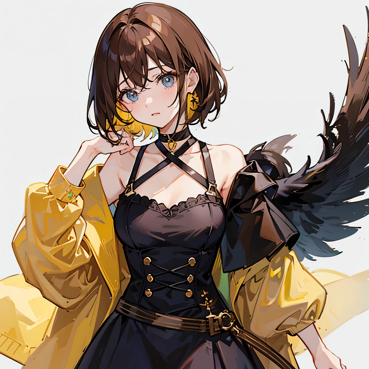 1 persons、girl with、Brown hair long、a choker、Eyes are yellow、White background