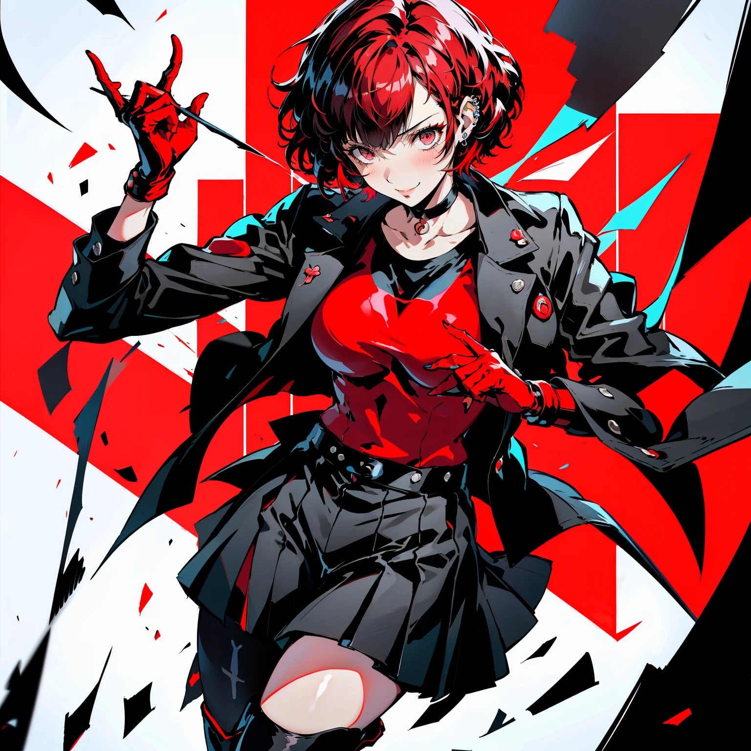 in the art style of persona 5, smal breast, delinquent, (sukeban), mature_female, blush, mature, older woman, 25 years old, Sukeban teacher outfit, (1girl, solo female, solo, solo focus)++++, choker, sukeban school teacher, sukeban school fighter, long_sleeves, open jacket, blue jacket, jean, light skin tone female, full body, jacket, biker jacket, tape, arm_support, gloves, red_gloves, bridal gauntlets, nail polish, boots, hioots, black_footwear, fighter outfit, full body, hourglass, mature face, cheeky smile, cheeky face, wrinkles, (red hair, short hair, bob cut, earrings, ear piercings), red eyeighting art, Martial arts, standing, fighting_stance, fight, fighting), extra colors, 2D, megapixel, perfectionism, accent lighting, full HD , (Masterpiece:1.2), (full-body-shot:1),(cowboy shot:1.2), (Highly detailed:1.2),(Detailed Face:1.2), Colorful, A detailed eye, (Detailed landscape:1.2), (natural lighting:1.2), ((sukeban school teacher)) by Vincent Di Fate: Aidyllery, Anamorphic Shot, rule of thirds, face by Artgerm and WLOP,