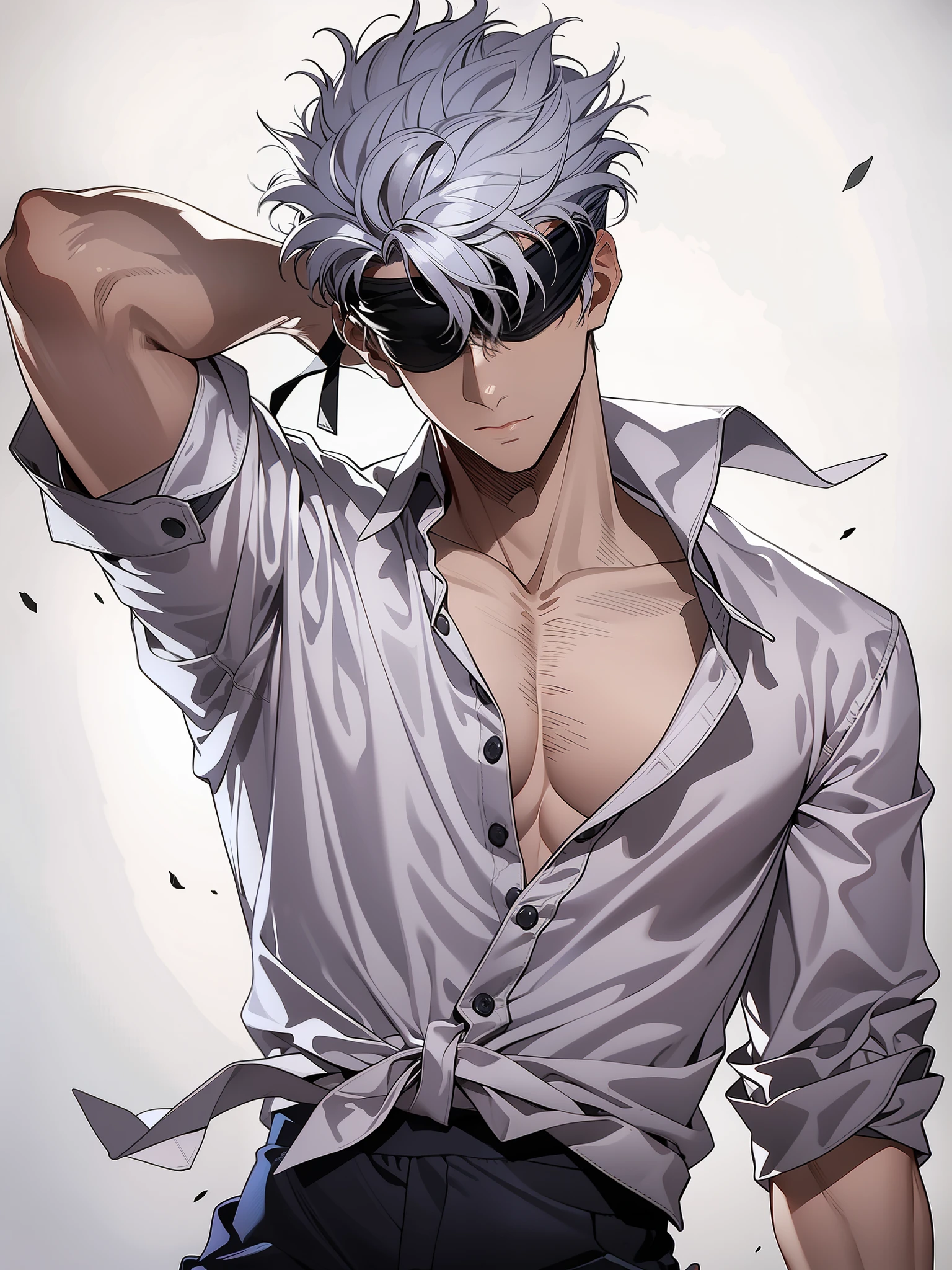 Gojo Satoru, male, black eyepatch, white hair, shirt, tie, black pants, muscles, details, HD,UHD, masterpiece, ccurate, award winning, best quality, highres, 1080P, anatomically correct, anatomically correct