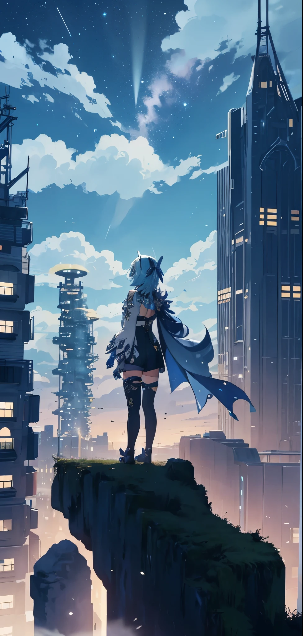octans, sky, star (sky), scenery, starry sky, night, 1girl, night sky, solo, outdoors, building, cloud, milky way, sitting, tree, 1girl, city, silhouette, cityscape, euladef, eularnd, light blue hair, medium hair, from behind, standing on top building