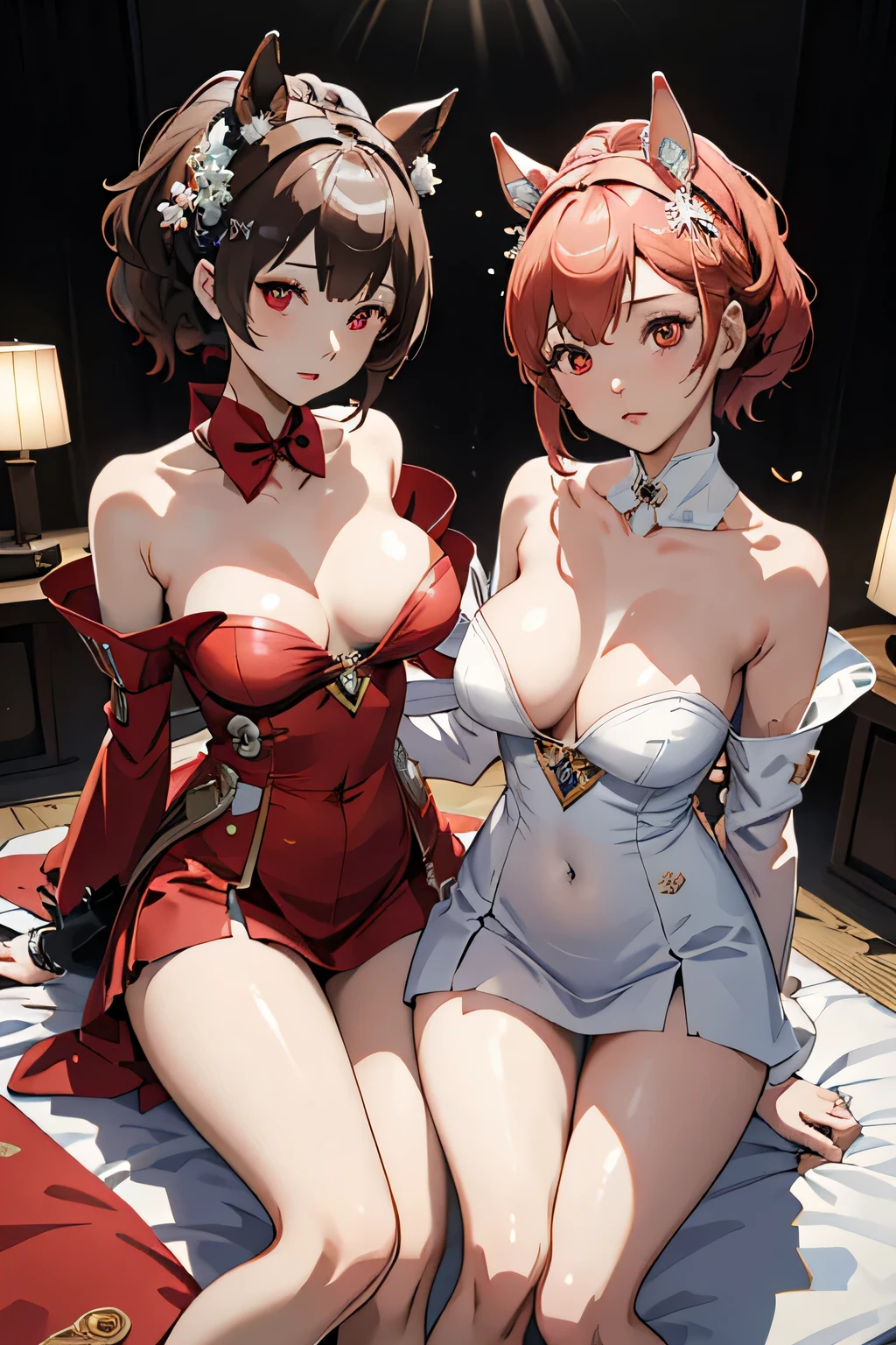 ((Marl、Horse ear headband、fake horse ears))、(lightly dressed、cleavage of the breast、fully body photo、Beautiful legs)、((inner colored、Red Eyes、Hair short、Has a small、年轻、side lighting bare shoulders、shining eye ring、Particles of light、llight rays、Hair red))、2girls、master piece、japanaese girl、absurderes、hight resolution、ultra-detailliert、depth of fields、masterpiece、extremely details CG、3D Photography、3D background、Unity、8K、Hi-Res、top-quality、shadowy、foco nítido、pale-skinned、A detailed eye、blurry backround、dynamic ungle、The most amazing super feat exaggeration、a closed mouth、Look at viewers、superclear