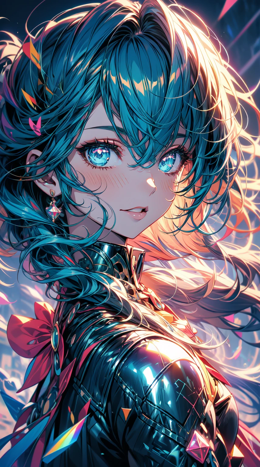 anime model in blue and pink, with turquoise hair, wearing a metallic top and sparkly skirt, in the style of timeless beauty, atmospheric skies, pop art influencer, backlit photography, light emerald and crimson, Full-bodyphoto, photo-realistic hyperbole --ar 85:128 --s 50