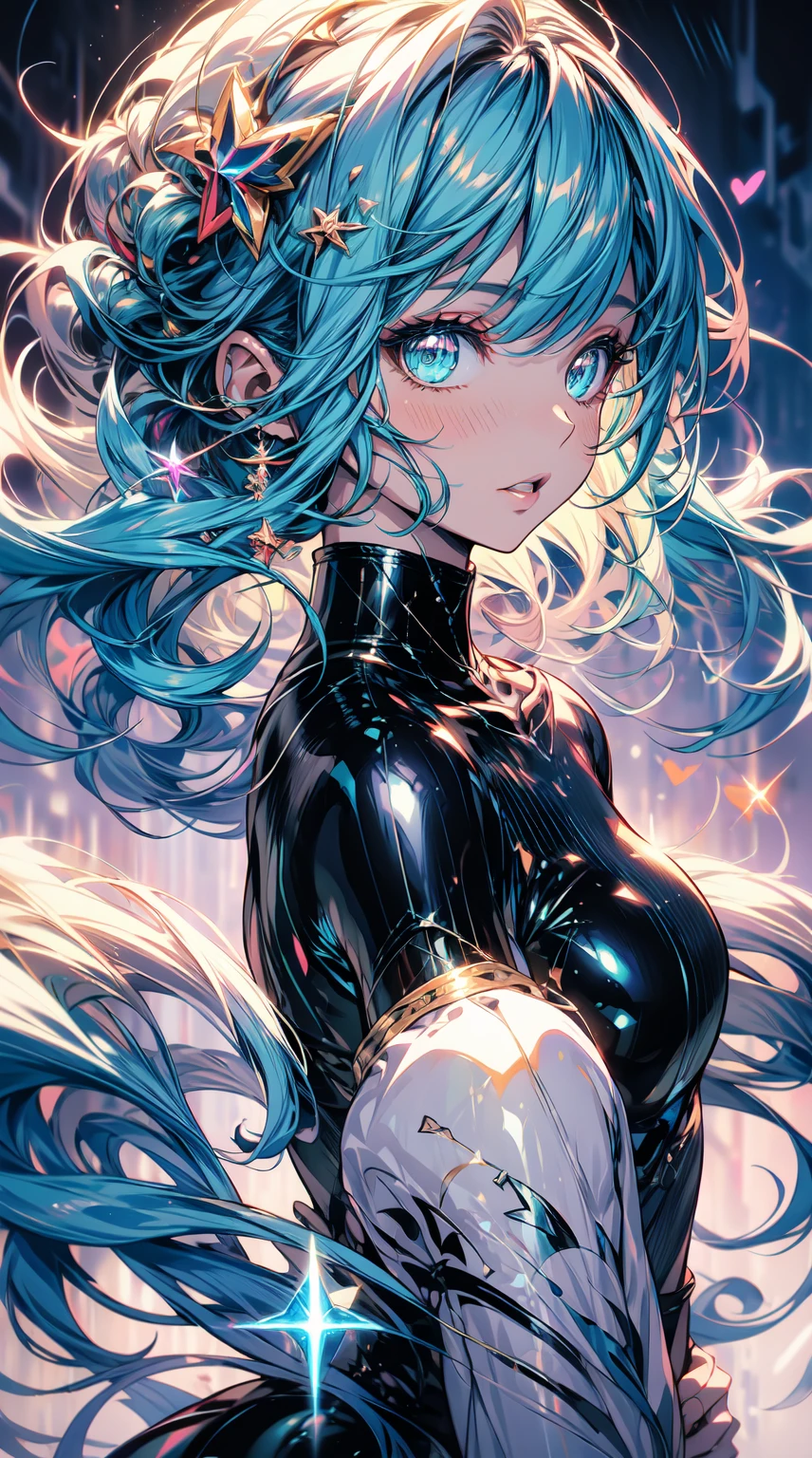anime model in blue and pink, with turquoise hair, wearing a metallic top and sparkly skirt, in the style of timeless beauty, atmospheric skies, pop art influencer, backlit photography, light emerald and crimson, Full-bodyphoto, photo-realistic hyperbole --ar 85:128 --s 50
