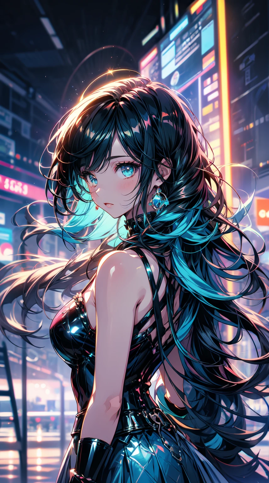 anime model in blue and pink, with turquoise hair, wearing a metallic top and sparkly skirt, in the style of timeless beauty, atmospheric skies, pop art influencer, backlit photography, light emerald and crimson, Full-bodyphoto, photo-realistic hyperbole --ar 85:128 --s 50