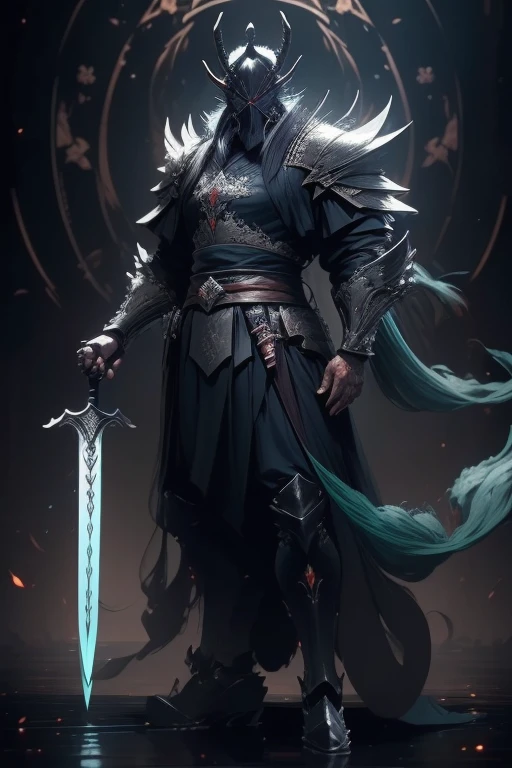 middle aged man, Evil painting style, A high resolution, dark green color hair, Half are demon bodies, Half of it is demon noodles, Chinese Warrior, Delicate three-dimensional blue flame demon face, beard, Wearing a hat, Expression of anger, Perfect body proportions, kaftan, Black and white robes, A scabbard hangs from his waist, Handsome, Full body view, standing on your feet, （White background：1.3）, swordsman, He held a long knife that was wide and heavy in his hand, Face the lenlackn clothes：0.8）, High detail, Masterpiece, accurate, Anatomically correct, Textured skin