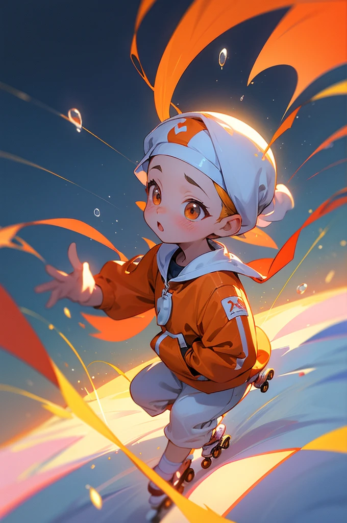 white backgrounid,Wear roller skateireworks all over the sky,Heart-shaped bubbles,children's,of ,Chubby little boy,Orange tracksuit,red sports headband,cute and adorable,children's插画,glowing effect,depth of fields,to emphasize,Real light,Ray traching,OC Render,hyper realisitc,Best quality at best,8K,artworks,ultradetailed,