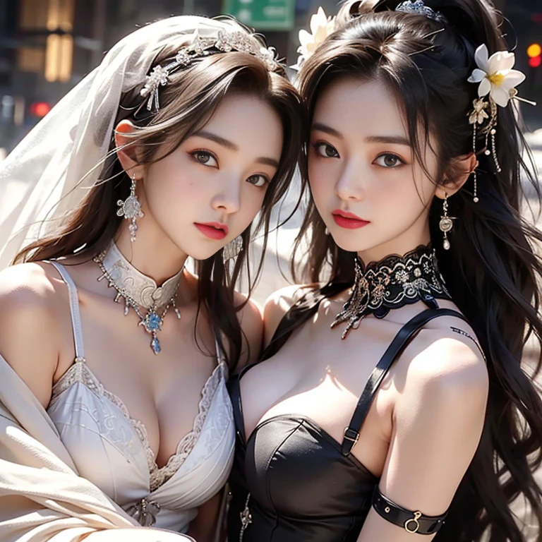Two girls having close contact, Close-up of two beautiful caucasian girls, rage face，BDSM，slaves，rubbery，black corset，yoke，collars，NSFW，（（Best quality at best，8K，tmasterpiece：1.3））），Clear focus：1.2，（layered cut，The large：1.2），Beautiful Women in Perfect Figure：1.4，Slim abs：1.2，Moist body：1.5，Highly Detailed Face and Skin Textur，詳細な目，二重まぶた，Long gray hair, 胸The large是美丽的, sexy for, low chest, The large胸, cleanness, transparent costume，完美的tmasterpiece, Best quality at best at best, Perfect illustration, 8K, number art，Flat drawing，Colorful illustration，Two complete female bodies, Complete two female bodies, crotch chuck, 胸The large腰细: 1.8, Glow skin, Hardly any clothes, Lop, Nice face, sexually arousing, sexual expressio, Hazy beauty, Camel toes, Anatomically correct, Camel toes,