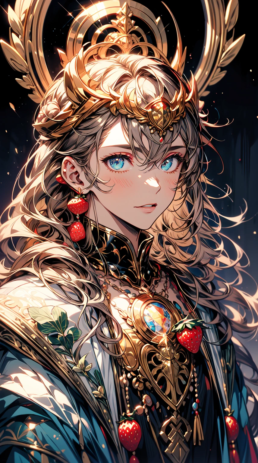 a man with a crown of strawberries on his head, laurel wreath on his head, wearing golden laurel wreath, wearing a laurel wreath, in laurel wreath, dolce & gabbana campaign, has a laurel wreath, dressed in laurel wreath, wearing ornate clothing, portrait of greek god ares, portrait of a young italian male, wearing huge golden crown, fantasy male portrait