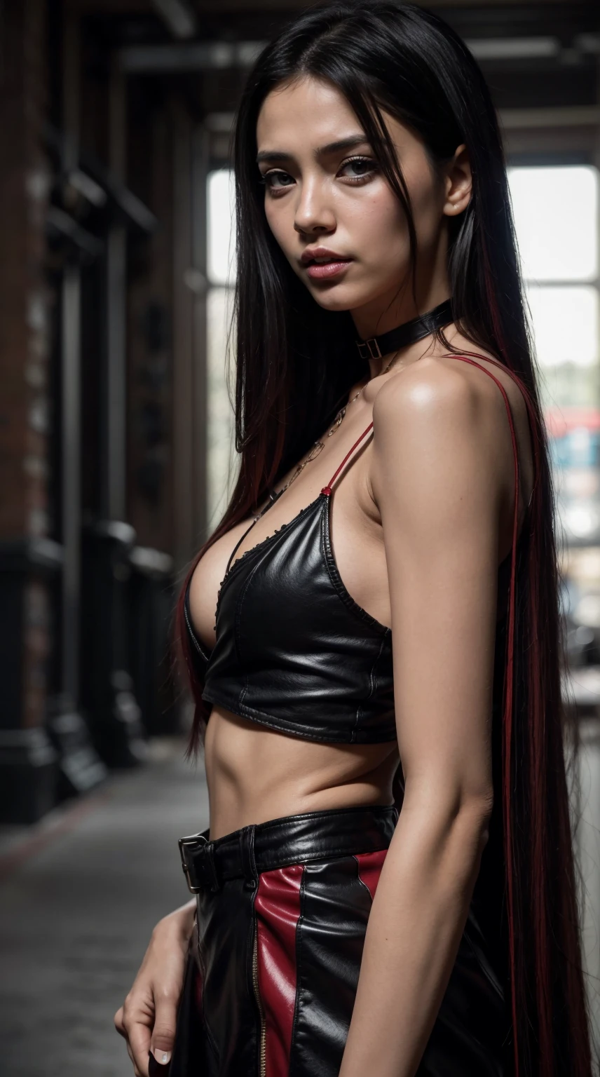 Best Quality, intriciate detail, chromatic aberration, 1Girl, Long hair, Black hair, Messy hair, red highlights, hair above one eye, Red Eyes, sharp eyes, Choker,, , Ambainder, arms behind back, bound arms,