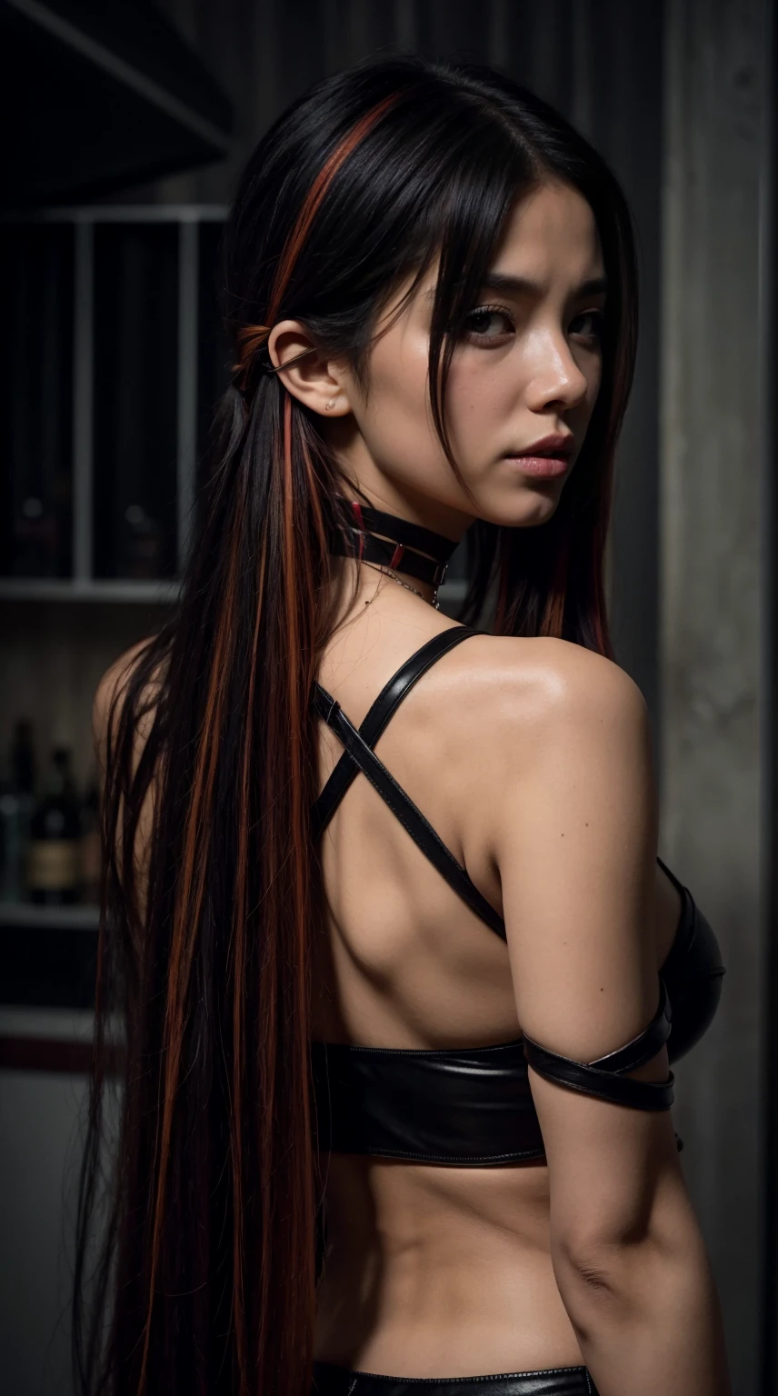 Best Quality, intriciate detail, chromatic aberration, 1Girl, Long hair, Black hair, Messy hair, red highlights, hair above one eye, Red Eyes, sharp eyes, Choker,, , Ambainder, arms behind back, bound arms,