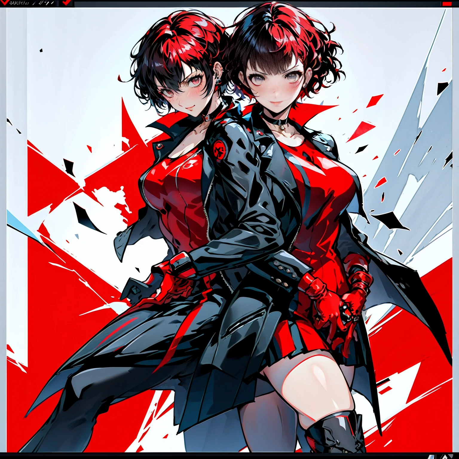 in the art style of persona 5, smal breast, delinquent, (sukeban), mature_female, blush, mature, older woman, 25 years old, Sukeban teacher outfit, (1girl, solo female, solo, solo focus)++++, choker, sukeban school teacher, sukeban school fighter, long_sleeves, open jacket, blue jacket, jean, light skin tone female, full body, jacket, biker jacket, tape, arm_support, gloves, red_gloves, bridal gauntlets, nail polish, boots, hioots, black_footwear, fighter outfit, full body, hourglass, mature face, cheeky smile, cheeky face, wrinkles, (red hair, short hair, bob cut, earrings, ear piercings), red eyeighting art, Martial arts, standing, fighting_stance, fight, fighting), extra colors, 2D, megapixel, perfectionism, accent lighting, full HD , (Masterpiece:1.2), (full-body-shot:1),(cowboy shot:1.2), (Highly detailed:1.2),(Detailed Face:1.2), Colorful, A detailed eye, (Detailed landscape:1.2), (natural lighting:1.2), ((sukeban school teacher)) by Vincent Di Fate: Aidyllery, Anamorphic Shot, rule of thirds, face by Artgerm and WLOP,