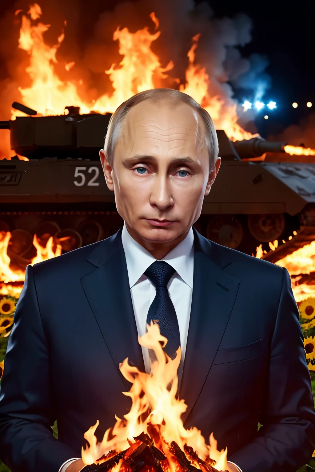 Vladimir Putin, with glowing red eyes, in front of a burning "666" , ((best quality)), ((Meisterwerk)), (Detailliert), in front of a burning sign with the number 666, at a sunflower field under a blue sky, glowing red eyes, smoking Russian tank in the background surrounded by a group of Russian soldiers with human bodies and pig heads