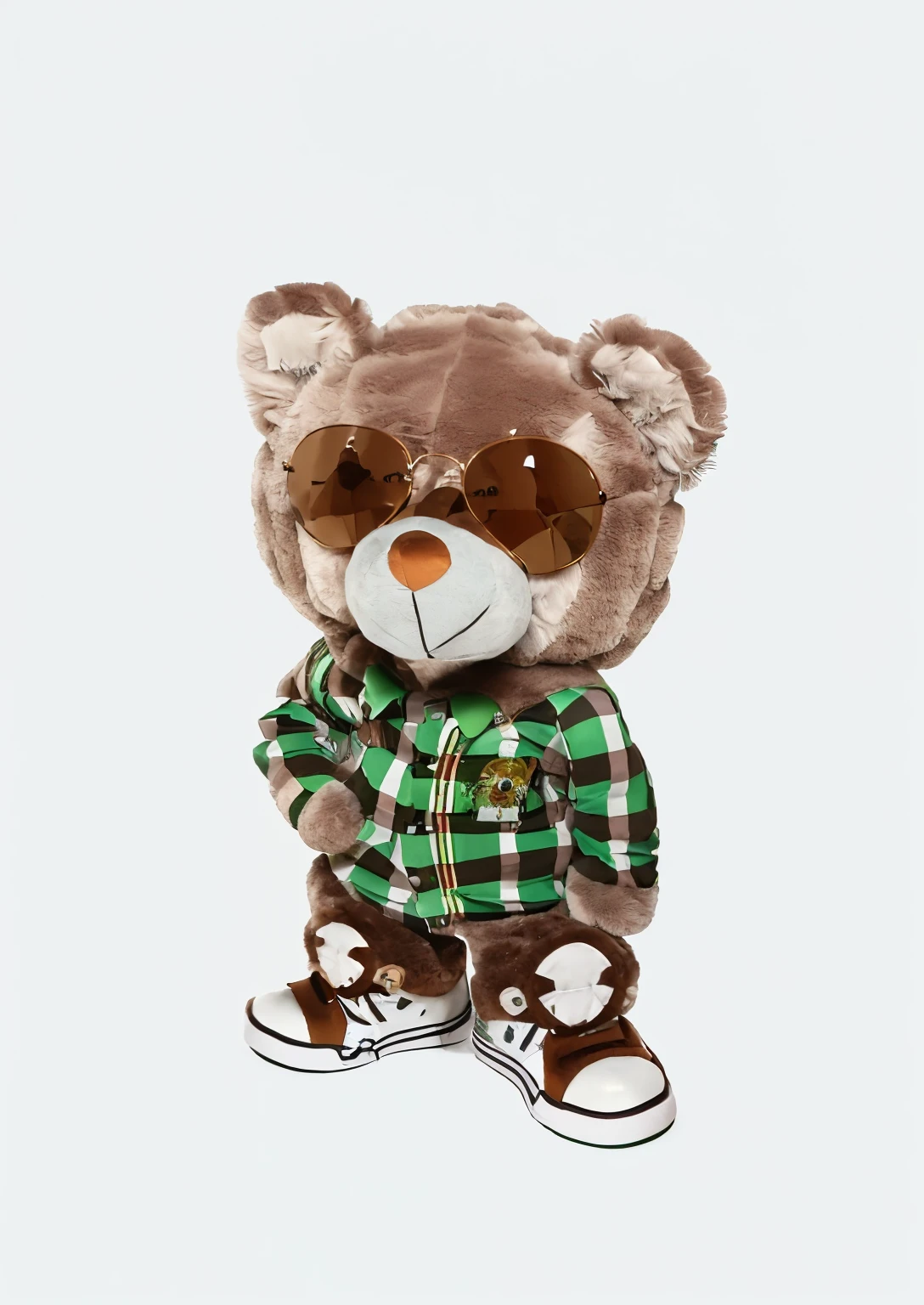 cartoon bear wearing sunglasses and a green checkered shirt, teddy fresh, ( bear wearing sunglasses, beast in fashionable clothes, portrait of anthropomorphic bear, Mascot illustration, Looks cool and stylish, high school mascot, full body mascot, sports team mascot, created in adobe illustrator, green and brown clothes, half bear, laughing bear musician