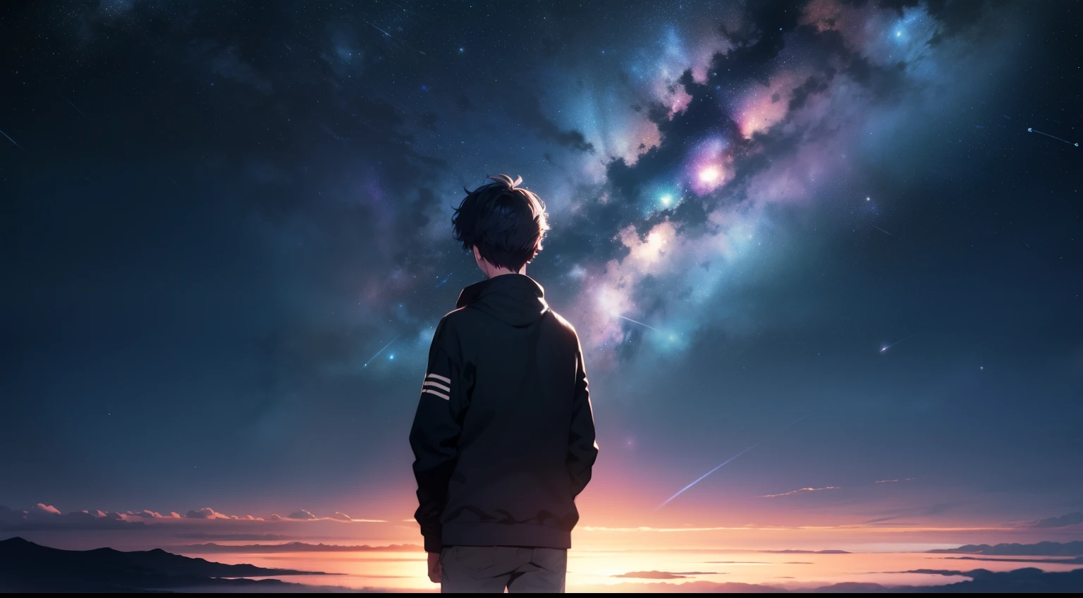 A lonely boy looking up at the sky at night time where the great milky way galaxy is visible in purplish blue color stretching over the horizon. A faraway shot. Cinematic. Wide angle. 4k.