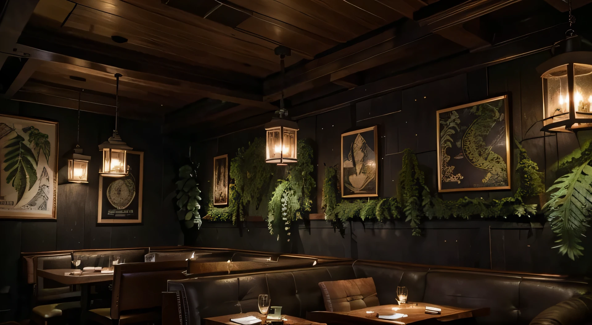(Masterpiece, High Resolution, Soothing colors:1.1), mysterious restaurant interior, muted and dark color palette, (deep coal walls:1.2), (subtle navy blue accents:1.1), (rich mahogany furniture:1.1), dim ambient lighting, (warm light from candlelit tables:1.2), (dim lighting:1.1), (barely noticeable flickering flame:1.1), (Low hanging industrial pendant lights:1.2), (velvet curtains:1.1) in deep shades, (Elegant chandeliers:1.1) Soft casting, moody light, (lush ferns and moss:1.2) add some greens, (intricate wall tapestries:1.1) with intricate patterns, (rustic wood beams:1.1) on the ceiling, (cozy cabins:1.2) for an intimate dinner, (dark marble countertops:1.1), (delicate texture on the walls:1.1), (peaceful atmosphere:1.2), (sophisticated & sophisticated:1.1), (Elegant typography:1.2) stylish display of restaurant name and menu.