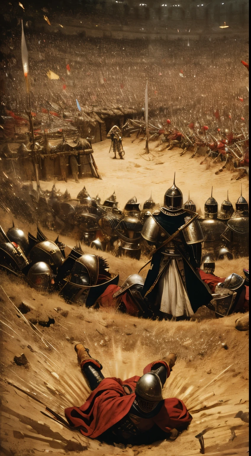 Picture a battlefield filled with corpses, blood, and weapons. In the middle, you can see a group of crusaders surrounded by Egyptian and Mamluk troops. One of the crusaders was French King Louis IX, who wore silver armor and a gold crown. He looked scared and desperate. In front of him, there was a dark-skinned man with a black beard and red eyes. He wore black armor and a helmet with horns. He holds a spear in his right hand and a shield in his left. He was Baibars al-Bunduqdari, one of the Mamluk commanders who captured Louis IX. It was the Battle of Mansurah, one of the greatest battles of the Seventh Crusade. Surrealism, 8k, super detail