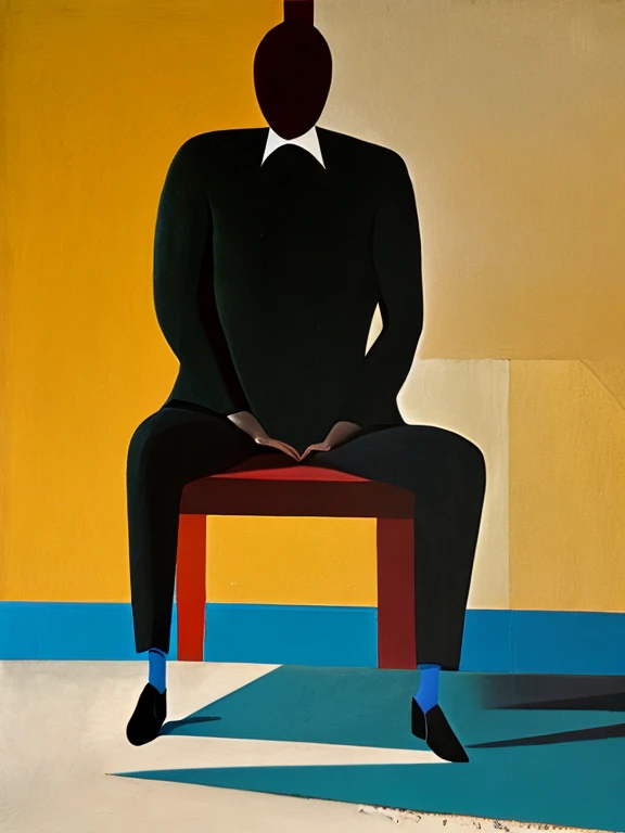 the man is thinking , sitting on the bench , in an empty room , walls are painted in the style of Robert Motherwell
