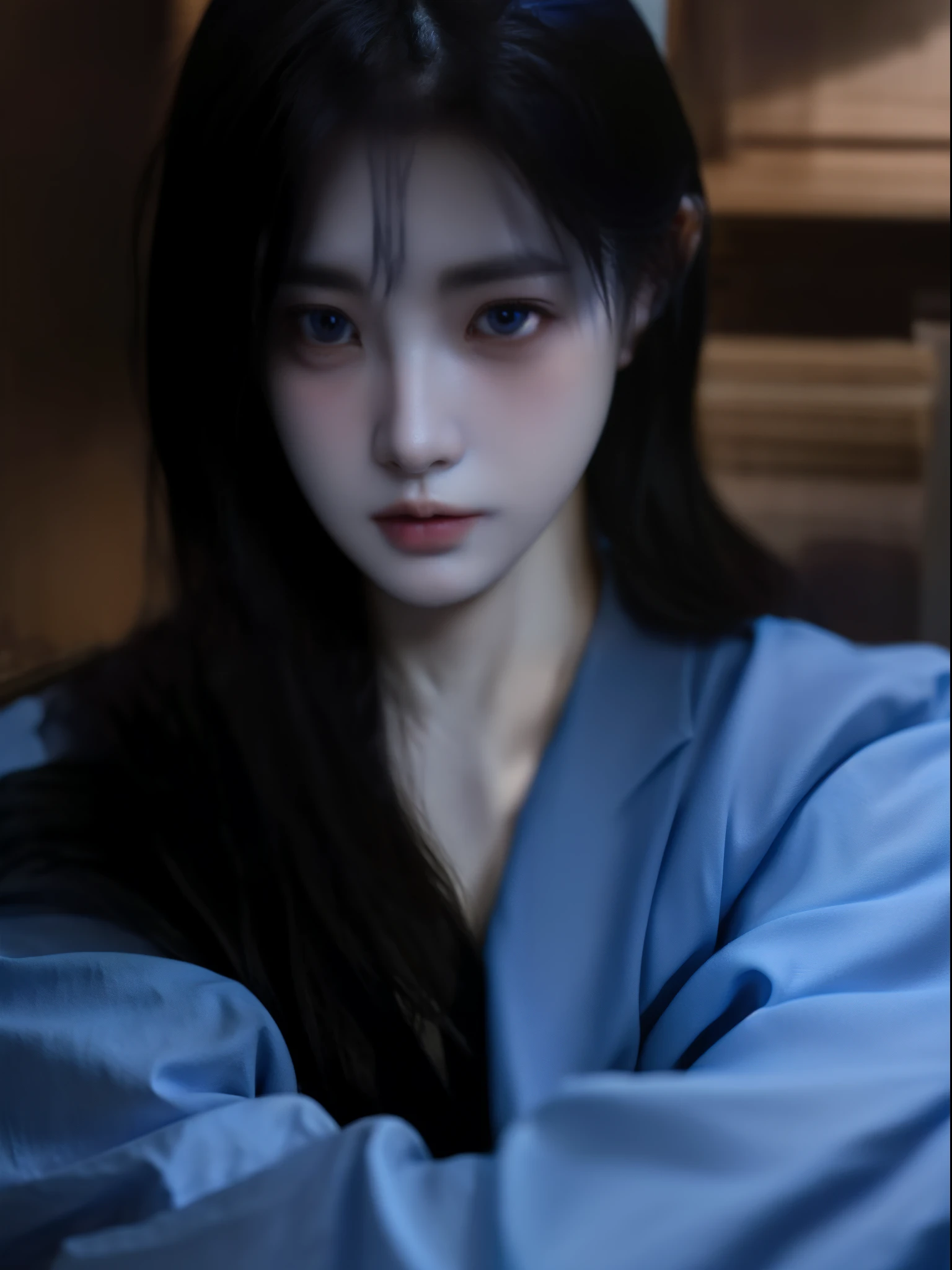 There is a woman wearing a white shirt and a blue jacket, 奈良美智, guweiz, Ishida Spike, Ishida Spike with black hair, anime girl in real life, Kazami Yuka, Ito Shinsui, She is facing the camera, sakimicchan, Cui Xianhua