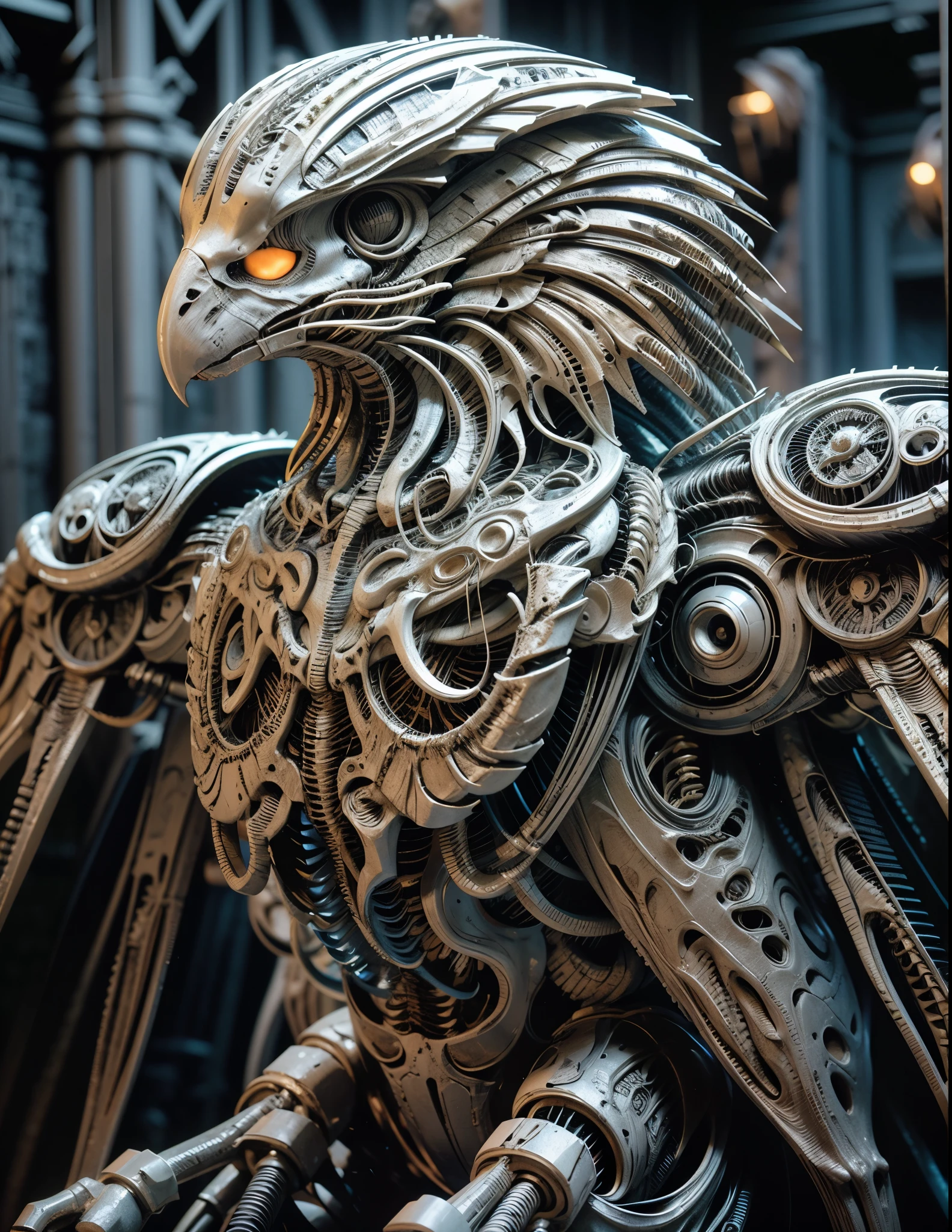 white eagle skeleton, Skeleton with lots of wires, A very detailed eagle., biologic HR Giger style, HR Giger muscles, Geiger&#39;s biomechanical xenomorph, Portrait of an eagle, Portrait of a cyber skeleton, intricate detailed, very high details, photo-hyper-realistic, 8k, UHD, hyperdetailed, (Dynamic Poses:1.4),